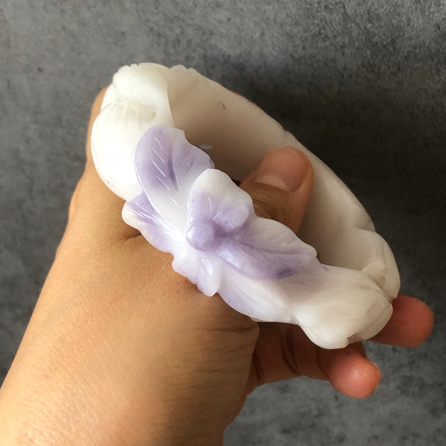 59.8mm Custom Size Natural SheTaiCui Jade (Quartzite) Hand Carved Red Nine-tailed Fox flower Bangle | Purple and White| Crystal Gemstone