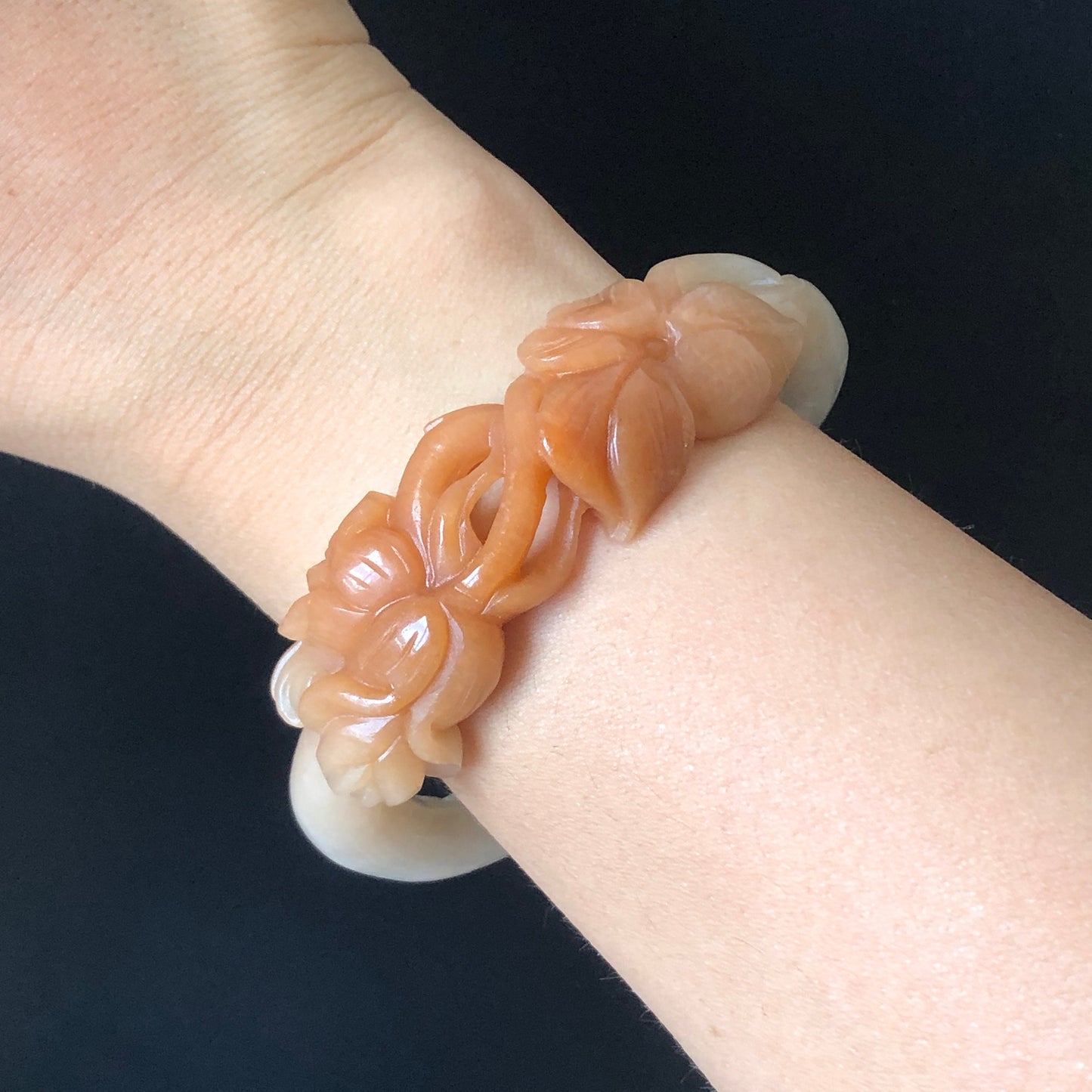 56.4mm Custom Size Natural Quartzite (SheTaiCui jade) Hand Carved Flowers Bangle | Milky Coral Sands | Hollow Out | Crystal Gemstone Stone