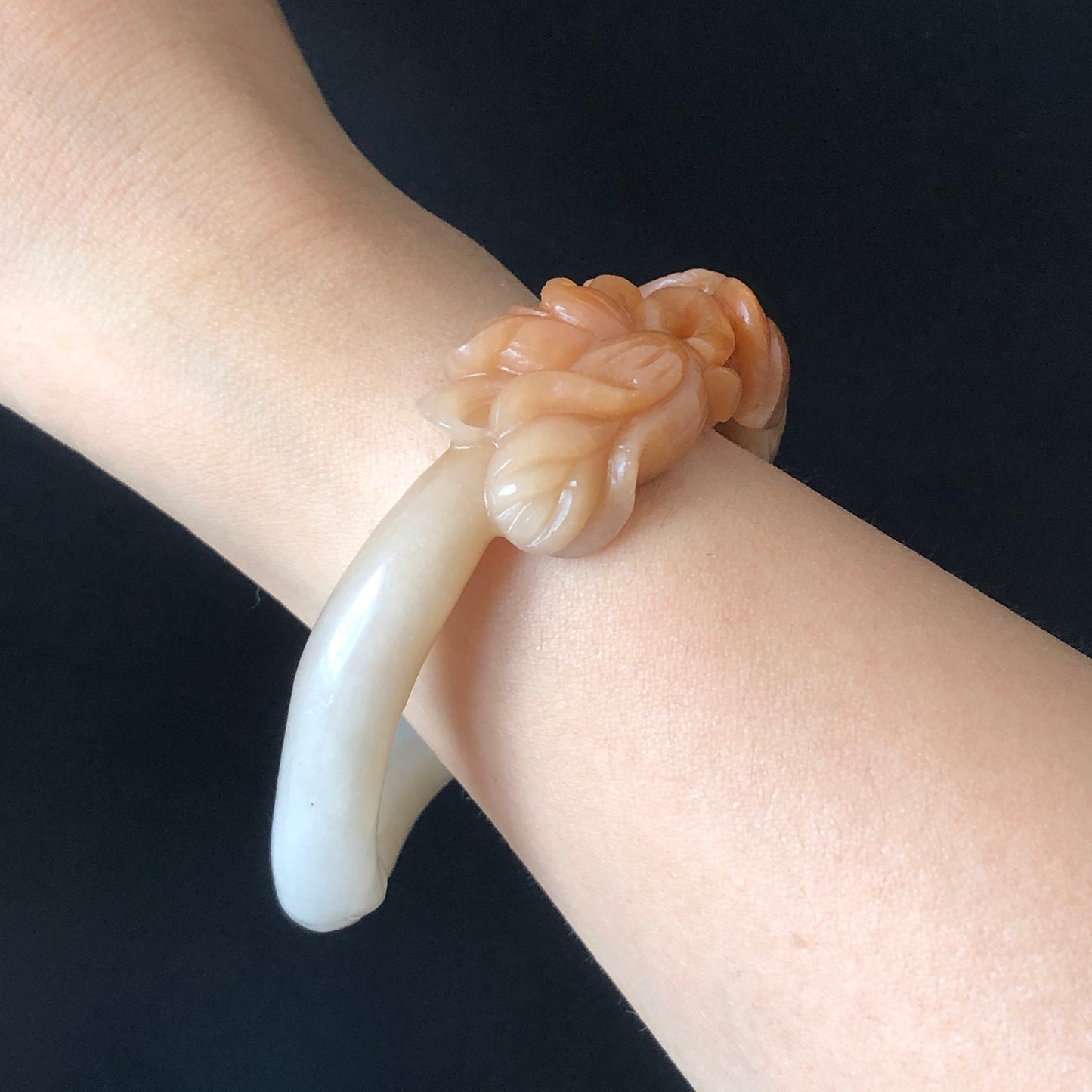 56.4mm Custom Size Natural Quartzite (SheTaiCui jade) Hand Carved Flowers Bangle | Milky Coral Sands | Hollow Out | Crystal Gemstone Stone