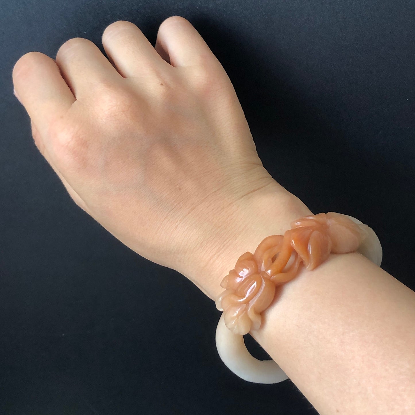 56.4mm Custom Size Natural Quartzite (SheTaiCui jade) Hand Carved Flowers Bangle | Milky Coral Sands | Hollow Out | Crystal Gemstone Stone