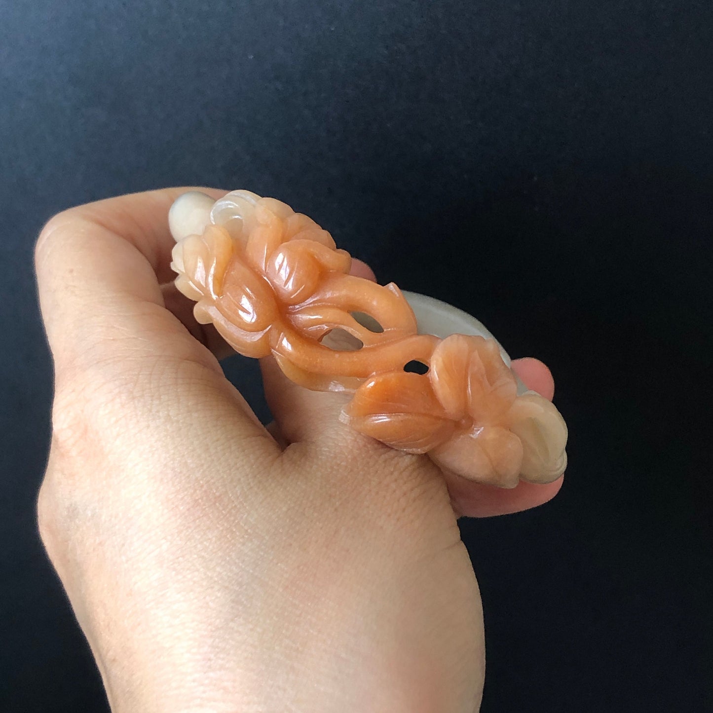 56.4mm Custom Size Natural Quartzite (SheTaiCui jade) Hand Carved Flowers Bangle | Milky Coral Sands | Hollow Out | Crystal Gemstone Stone