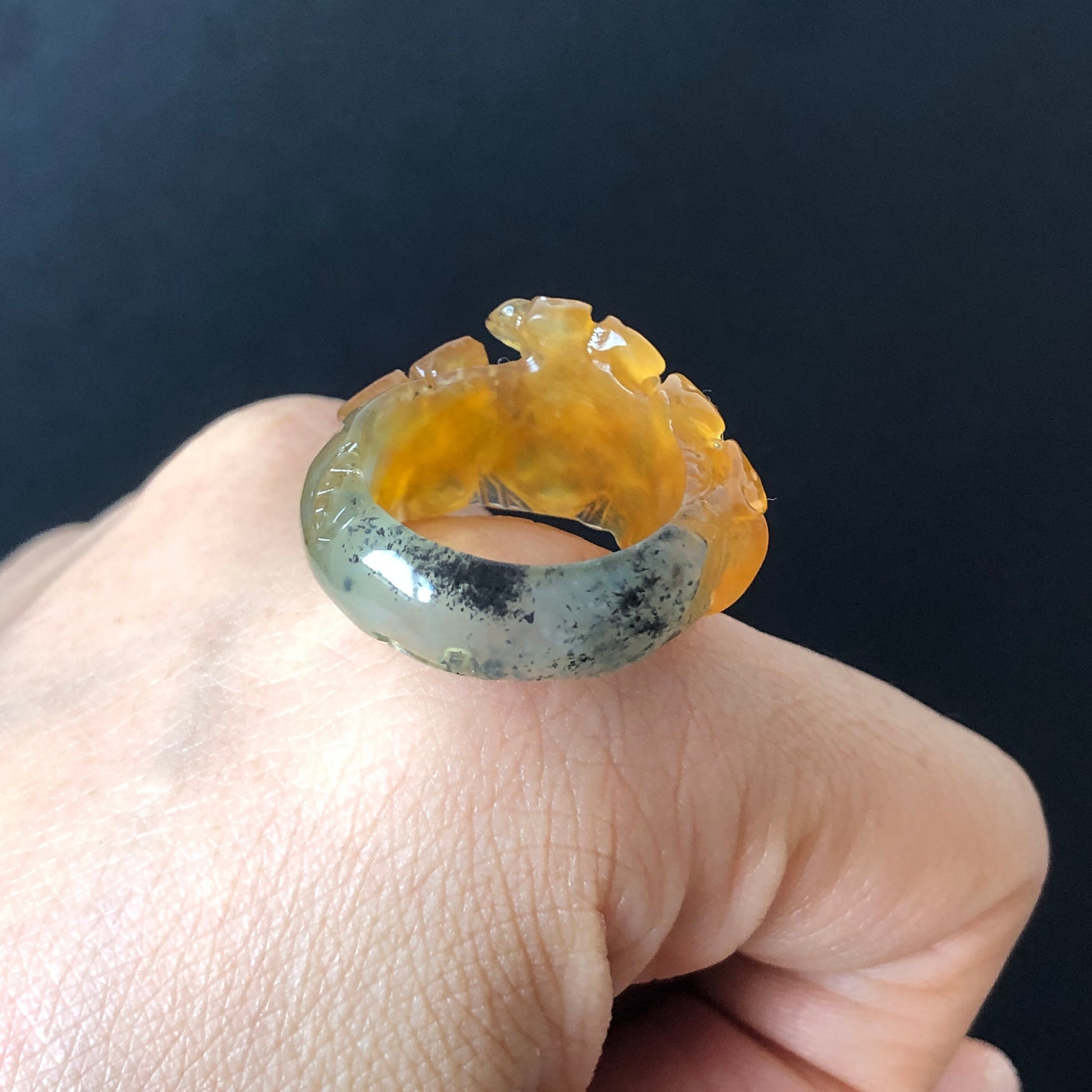 Natural Xiu Jade Serpentine Hand Carved Flower Blooming Ring | 16.9mm (US 6.5-7) | Icy Yellow and Green | Crystal Stone Gemstone Ring