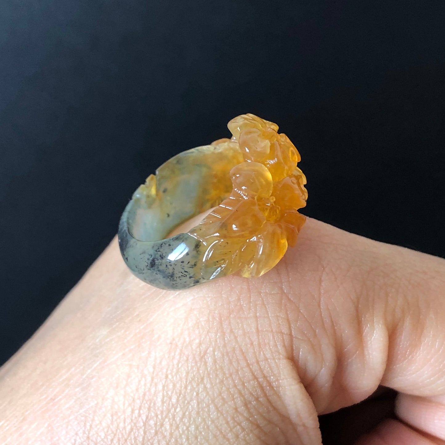 Natural Xiu Jade Serpentine Hand Carved Flower Blooming Ring | 16.9mm (US 6.5-7) | Icy Yellow and Green | Crystal Stone Gemstone Ring