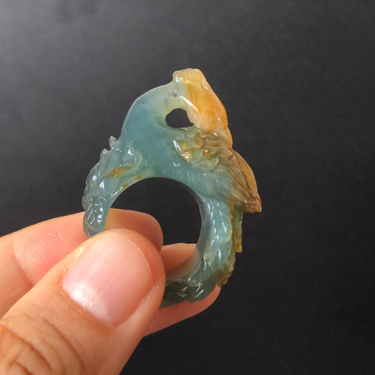 Natural Xiu Jade (Serpentine) Hand Carved 3D Peacock with Peony Ring | Green and Yellow | 17.2mm (US 6.5-7) | Gemstone Crystal Stone Ring