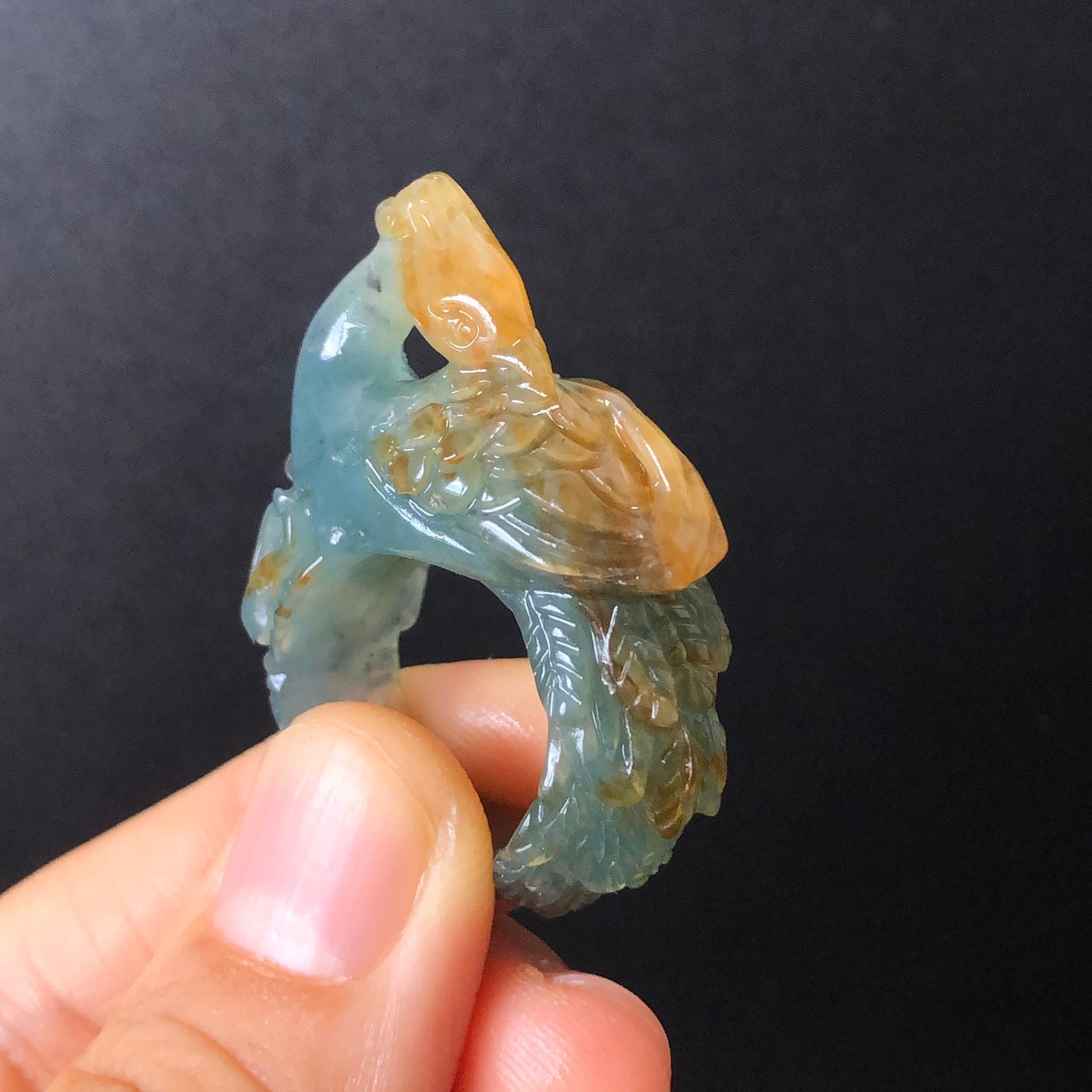 Natural Xiu Jade (Serpentine) Hand Carved 3D Peacock with Peony Ring | Green and Yellow | 17.2mm (US 6.5-7) | Gemstone Crystal Stone Ring