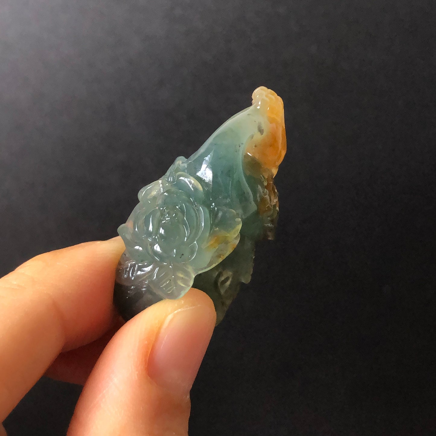 Natural Xiu Jade (Serpentine) Hand Carved 3D Peacock with Peony Ring | Green and Yellow | 17.2mm (US 6.5-7) | Gemstone Crystal Stone Ring