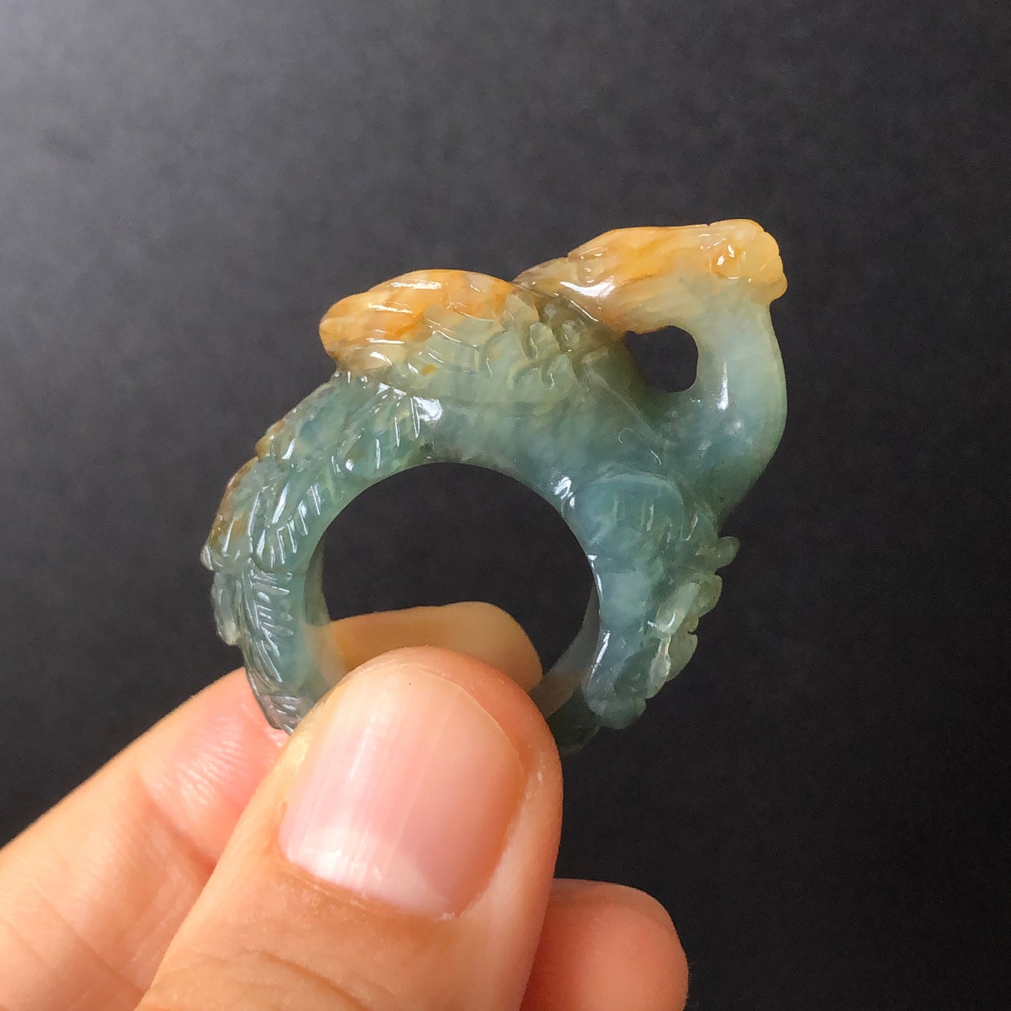 Natural Xiu Jade (Serpentine) Hand Carved 3D Peacock with Peony Ring | Green and Yellow | 17.2mm (US 6.5-7) | Gemstone Crystal Stone Ring