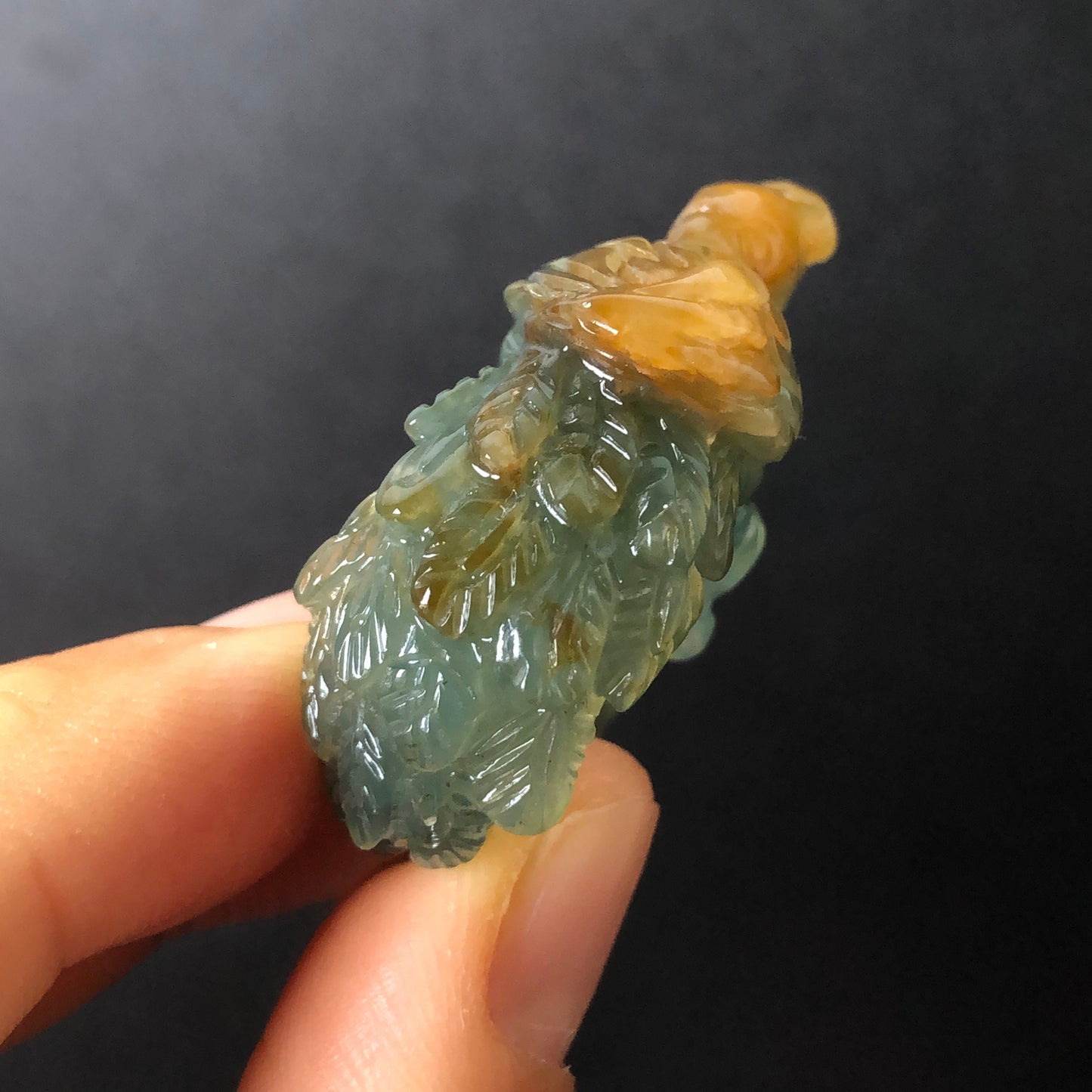 Natural Xiu Jade (Serpentine) Hand Carved 3D Peacock with Peony Ring | Green and Yellow | 17.2mm (US 6.5-7) | Gemstone Crystal Stone Ring