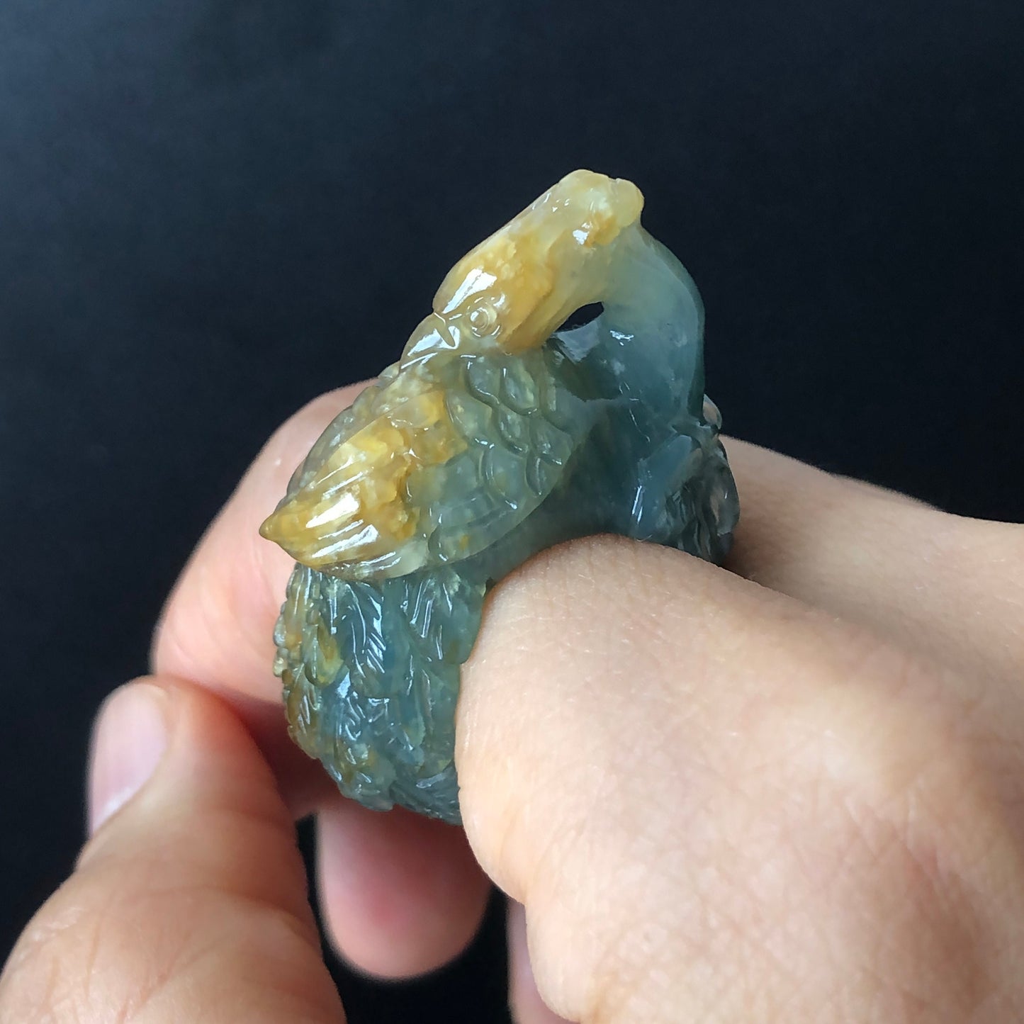 Natural Xiu Jade (Serpentine) Hand Carved 3D Peacock with Peony Ring | Green and Yellow | 17.2mm (US 6.5-7) | Gemstone Crystal Stone Ring