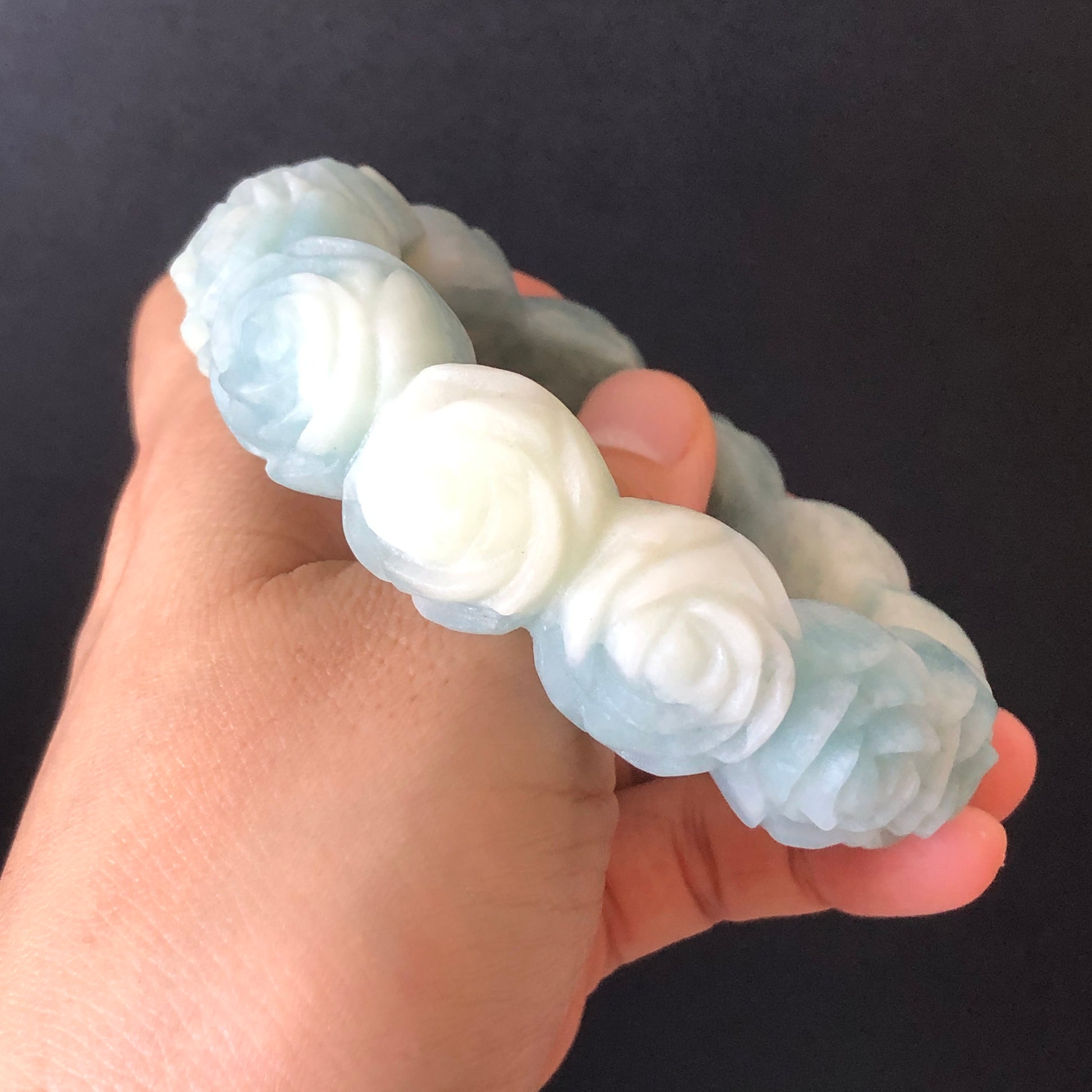 56.1 Natural SheTaicui jade (Quartzite) Carved Rose Bangle Bracelet| Milky Blue and White | Blue Sky and Cloud | Crystal Gemstone Jewellery