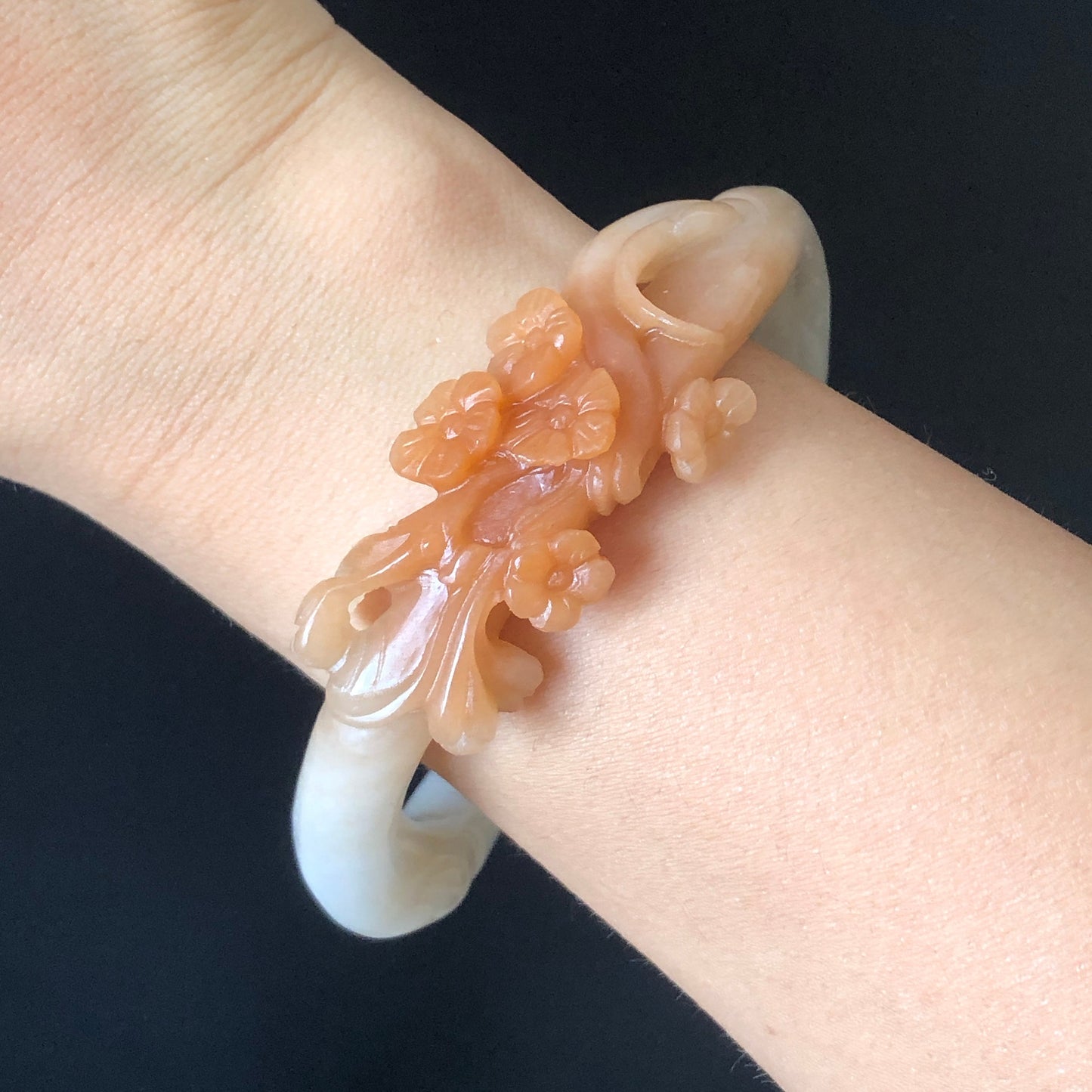 60.3 mm Custom Size Natural SheTaiCui Jade (Quartzite) Hand Carved Flowers Bangle | Milky Coral Sands | Tailor made Crystal Stone Gemstone