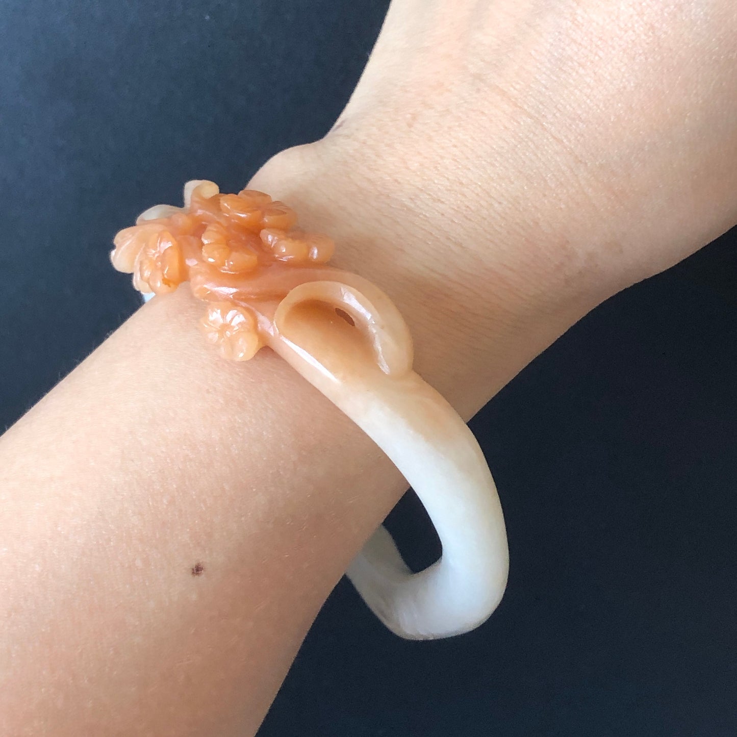 60.3 mm Custom Size Natural SheTaiCui Jade (Quartzite) Hand Carved Flowers Bangle | Milky Coral Sands | Tailor made Crystal Stone Gemstone