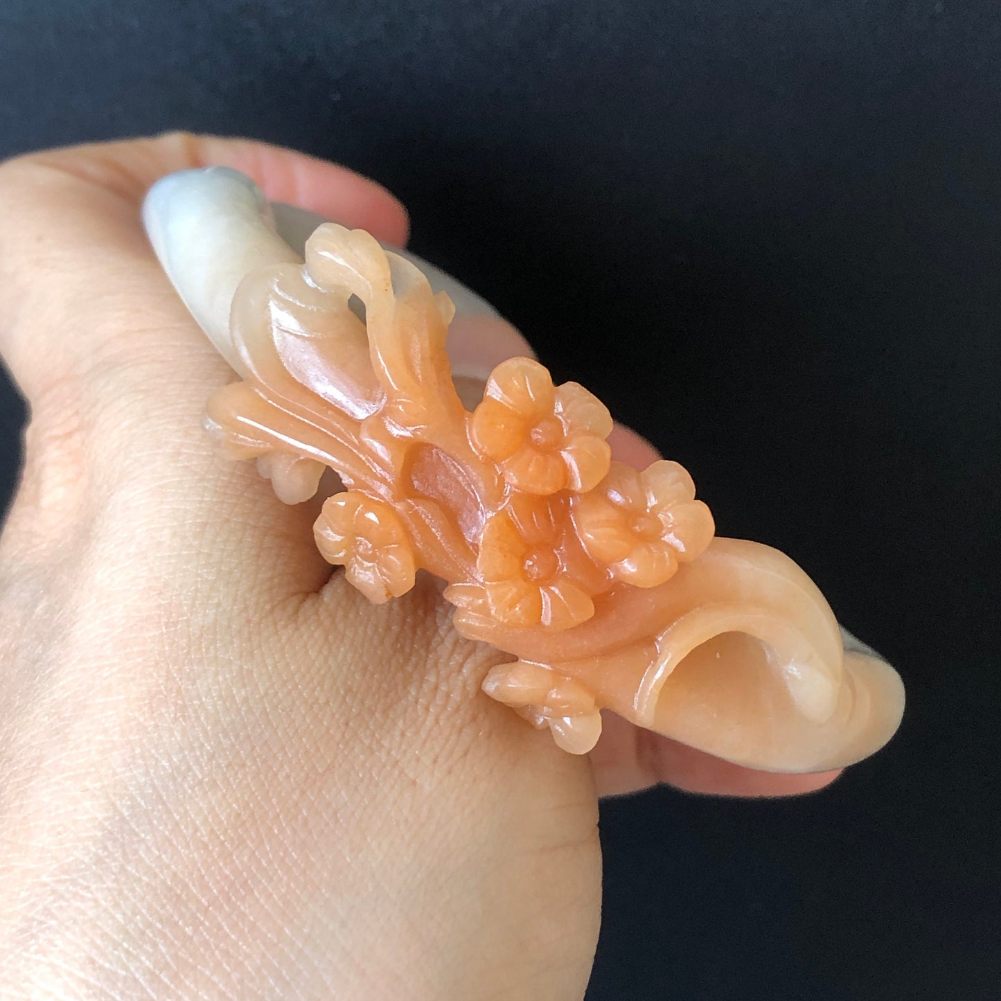 60.3 mm Custom Size Natural SheTaiCui Jade (Quartzite) Hand Carved Flowers Bangle | Milky Coral Sands | Tailor made Crystal Stone Gemstone