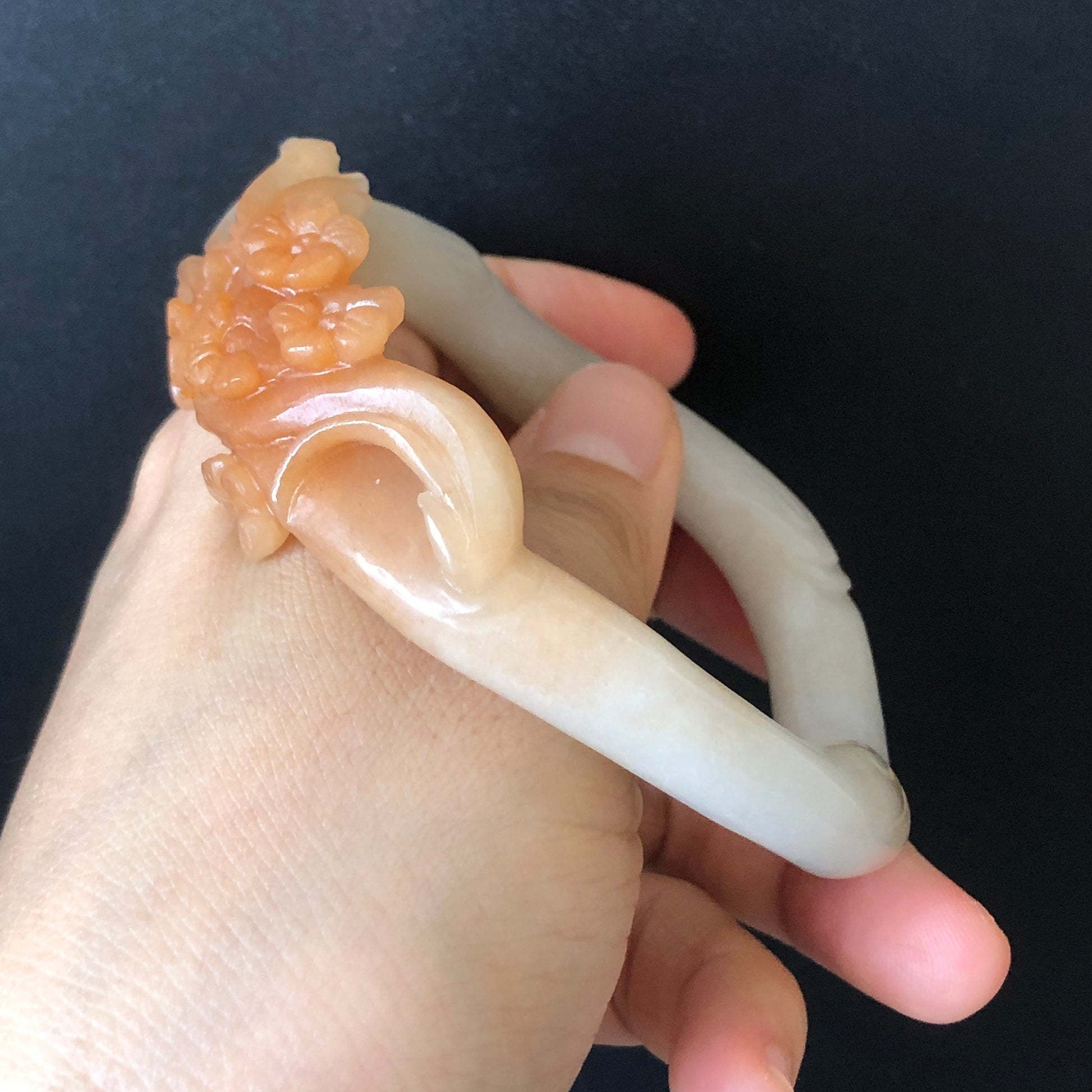 60.3 mm Custom Size Natural SheTaiCui Jade (Quartzite) Hand Carved Flowers Bangle | Milky Coral Sands | Tailor made Crystal Stone Gemstone