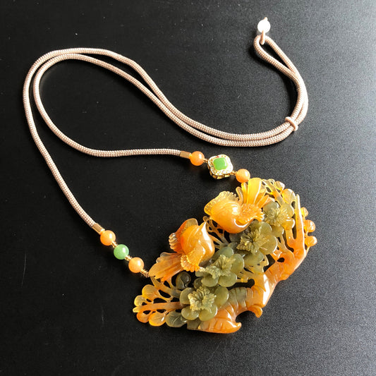 Certificate Natural Xiu Jade (Serpentine) Hand Carved Magpie Birds and Flower Pendant Adjustable Necklace | Yellow Green | Good Luck Charm