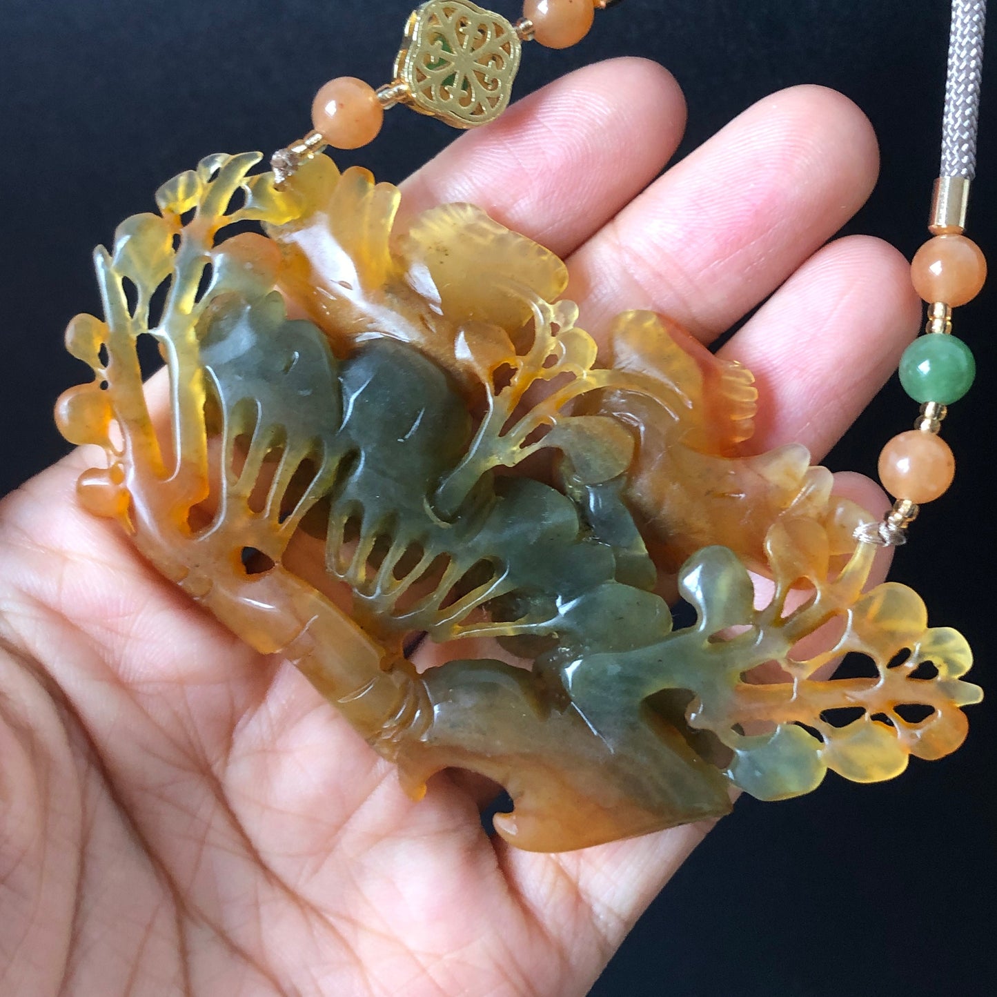 Certificate Natural Xiu Jade (Serpentine) Hand Carved Magpie Birds and Flower Pendant Adjustable Necklace | Yellow Green | Good Luck Charm