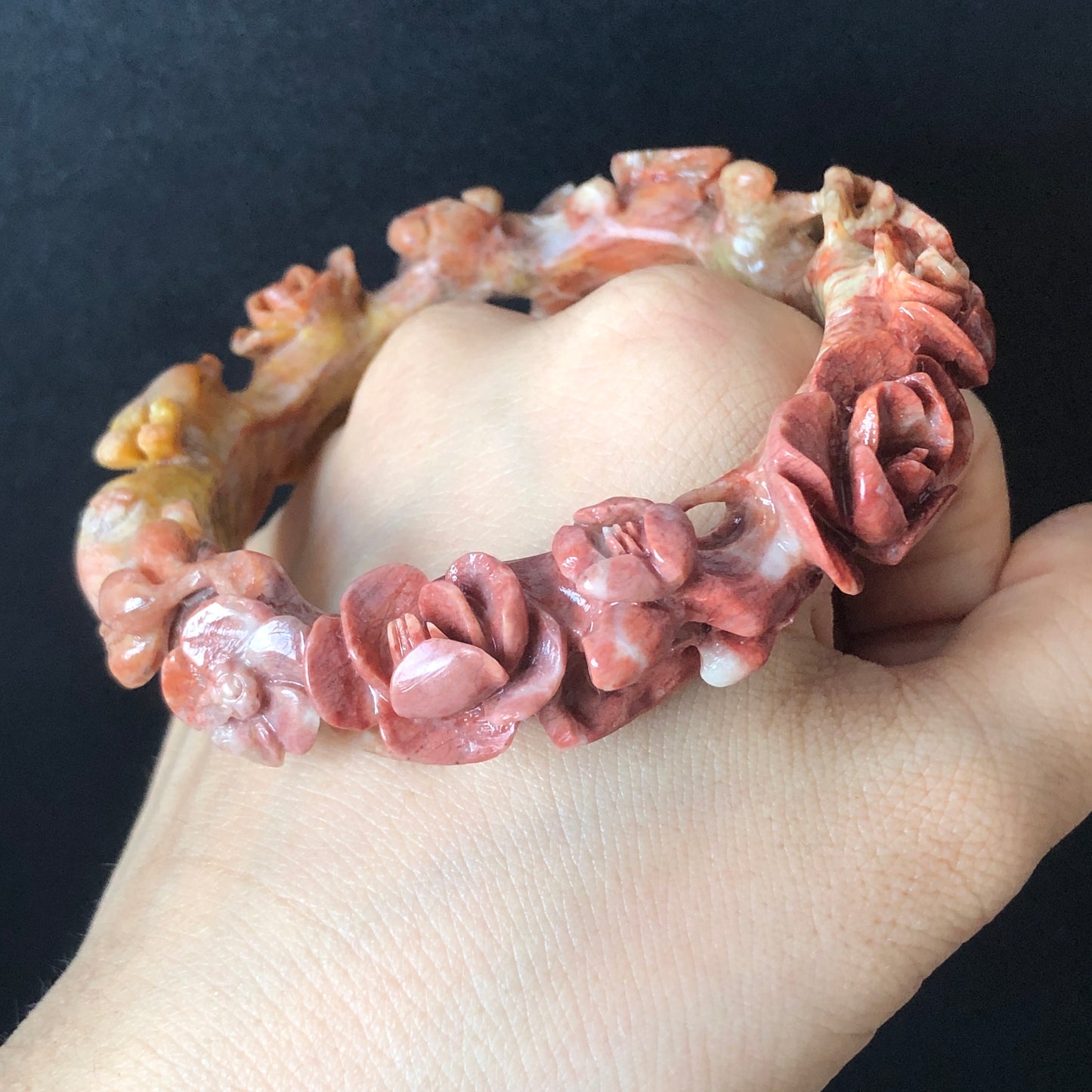 56.4mm Natural Xiu Jade (Serpentine) Hand Carved Deer Peach Blossom Bangle | Red & Yellow | Crystal Stone Gemstone Bracelet | Cute and Sweet