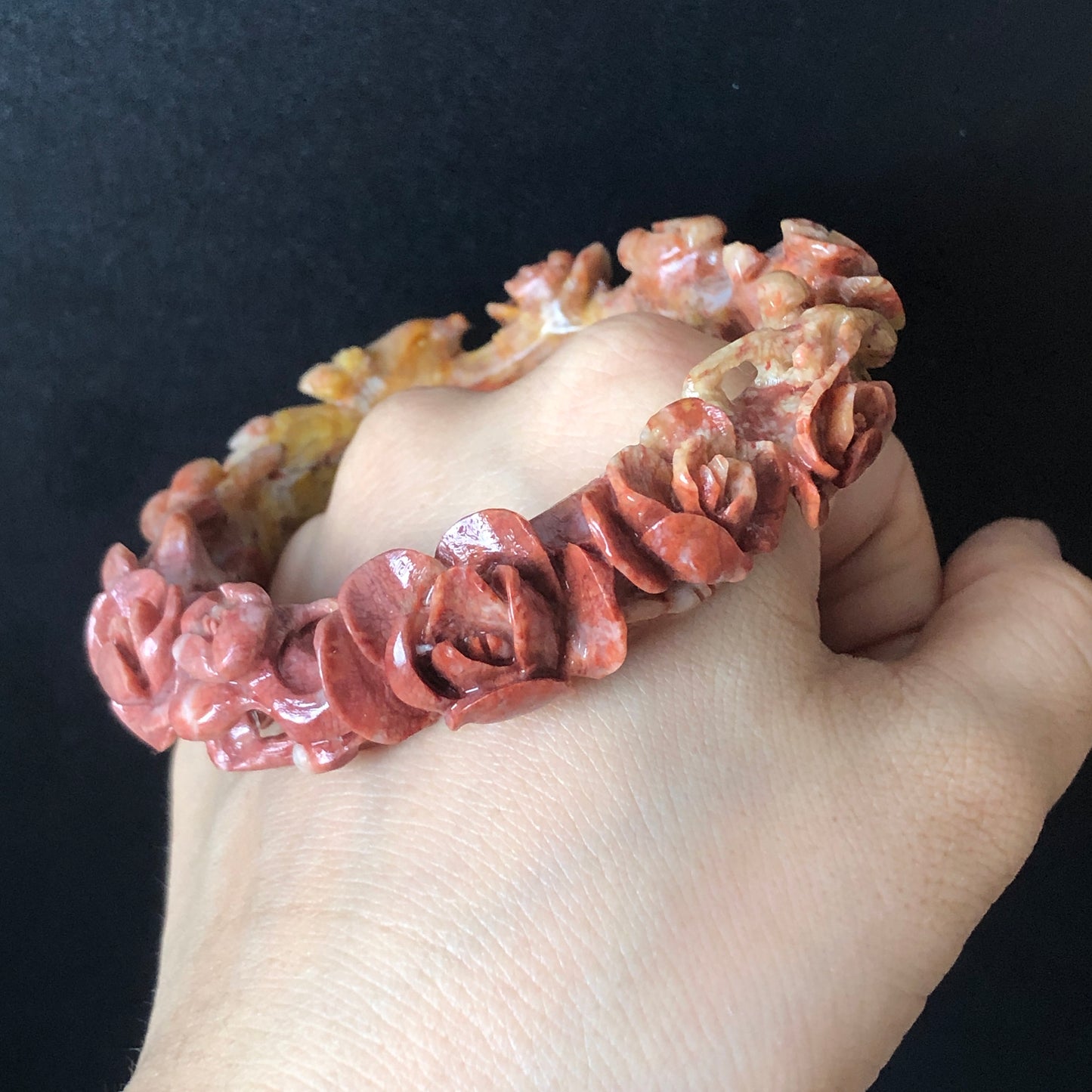 56.4mm Natural Xiu Jade (Serpentine) Hand Carved Deer Peach Blossom Bangle | Red & Yellow | Crystal Stone Gemstone Bracelet | Cute and Sweet