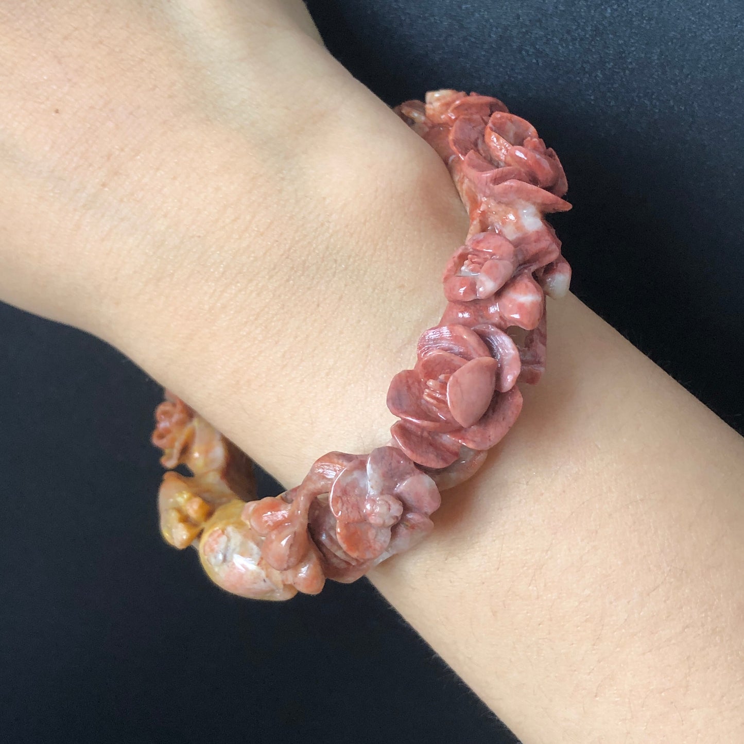 56.4mm Natural Xiu Jade (Serpentine) Hand Carved Deer Peach Blossom Bangle | Red & Yellow | Crystal Stone Gemstone Bracelet | Cute and Sweet