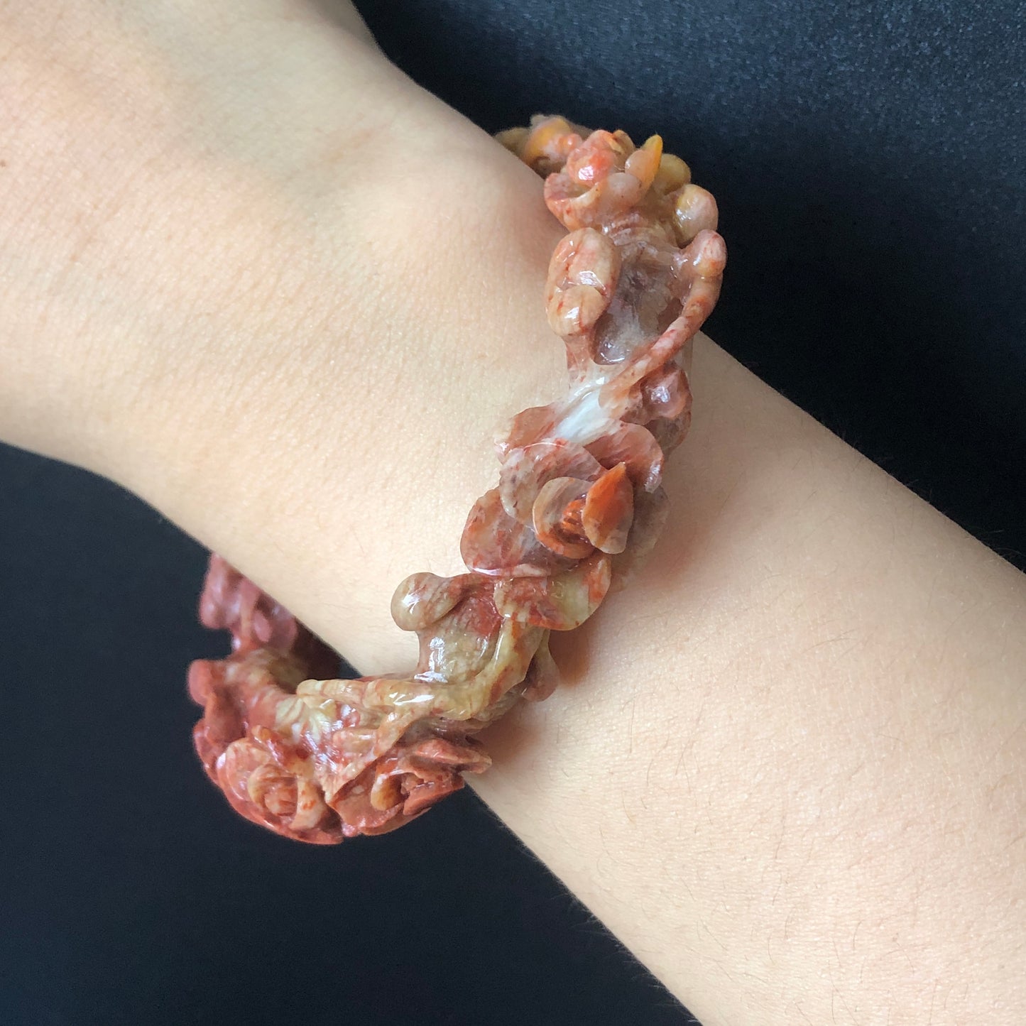 56.4mm Natural Xiu Jade (Serpentine) Hand Carved Deer Peach Blossom Bangle | Red & Yellow | Crystal Stone Gemstone Bracelet | Cute and Sweet