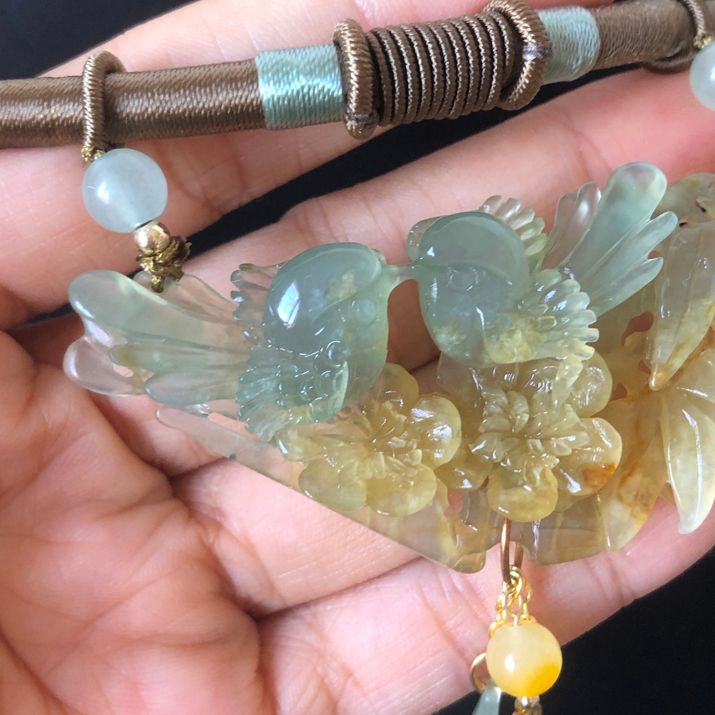 Certificate Natural Xiu Jade (Serpentine) Hand Carved Magpie Birds, Flower, Bamboo Pendant Necklace | Icy Yellow Green | Crystal Gemstone