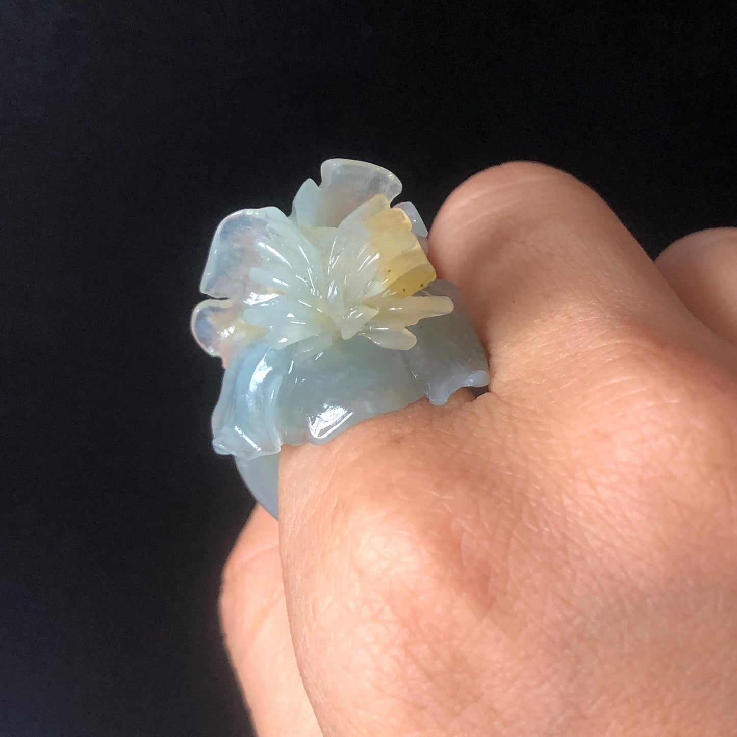 Natural Xiu Jade (Serpentine) Hand Craved Iris Flower Blooming Ring | 17.5mm (US 7.5) | Blue and Yellow | Crystal Stone Gemstone Ring