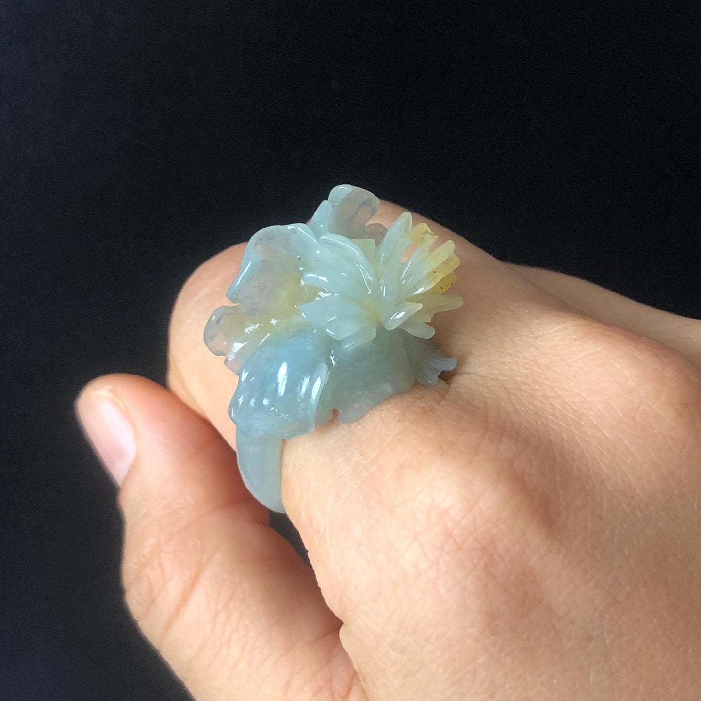 Natural Xiu Jade (Serpentine) Hand Craved Iris Flower Blooming Ring | 17.5mm (US 7.5) | Blue and Yellow | Crystal Stone Gemstone Ring