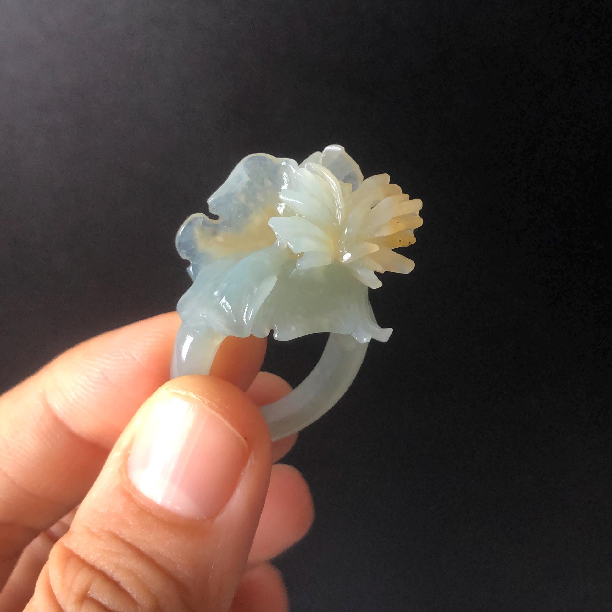 Natural Xiu Jade (Serpentine) Hand Craved Iris Flower Blooming Ring | 17.5mm (US 7.5) | Blue and Yellow | Crystal Stone Gemstone Ring