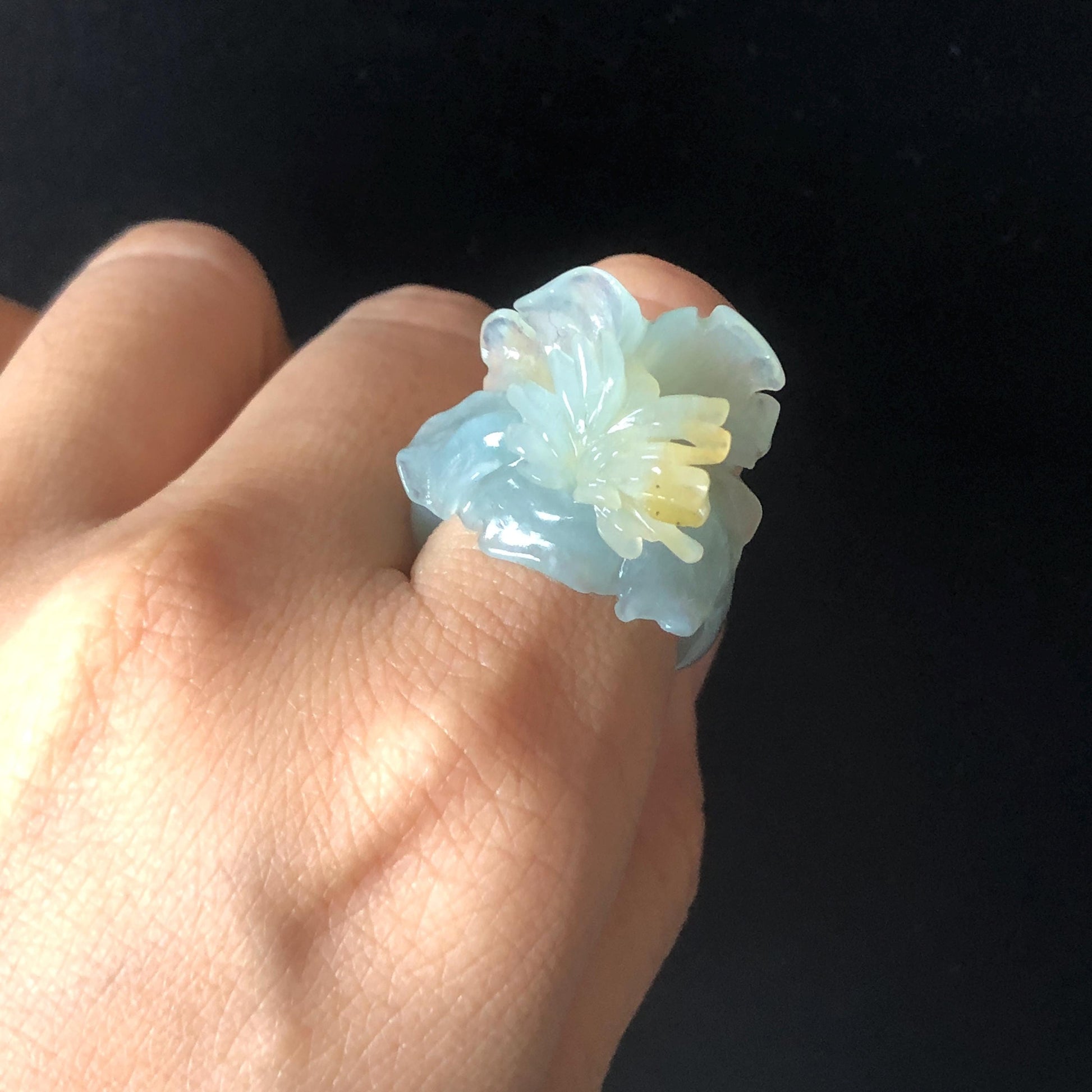 Natural Xiu Jade (Serpentine) Hand Craved Iris Flower Blooming Ring | 17.5mm (US 7.5) | Blue and Yellow | Crystal Stone Gemstone Ring