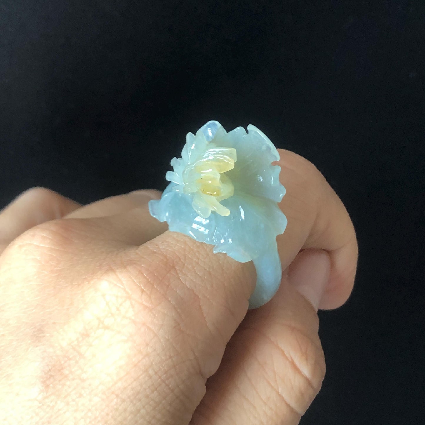 Natural Xiu Jade (Serpentine) Hand Craved Iris Flower Blooming Ring | 17.5mm (US 7.5) | Blue and Yellow | Crystal Stone Gemstone Ring