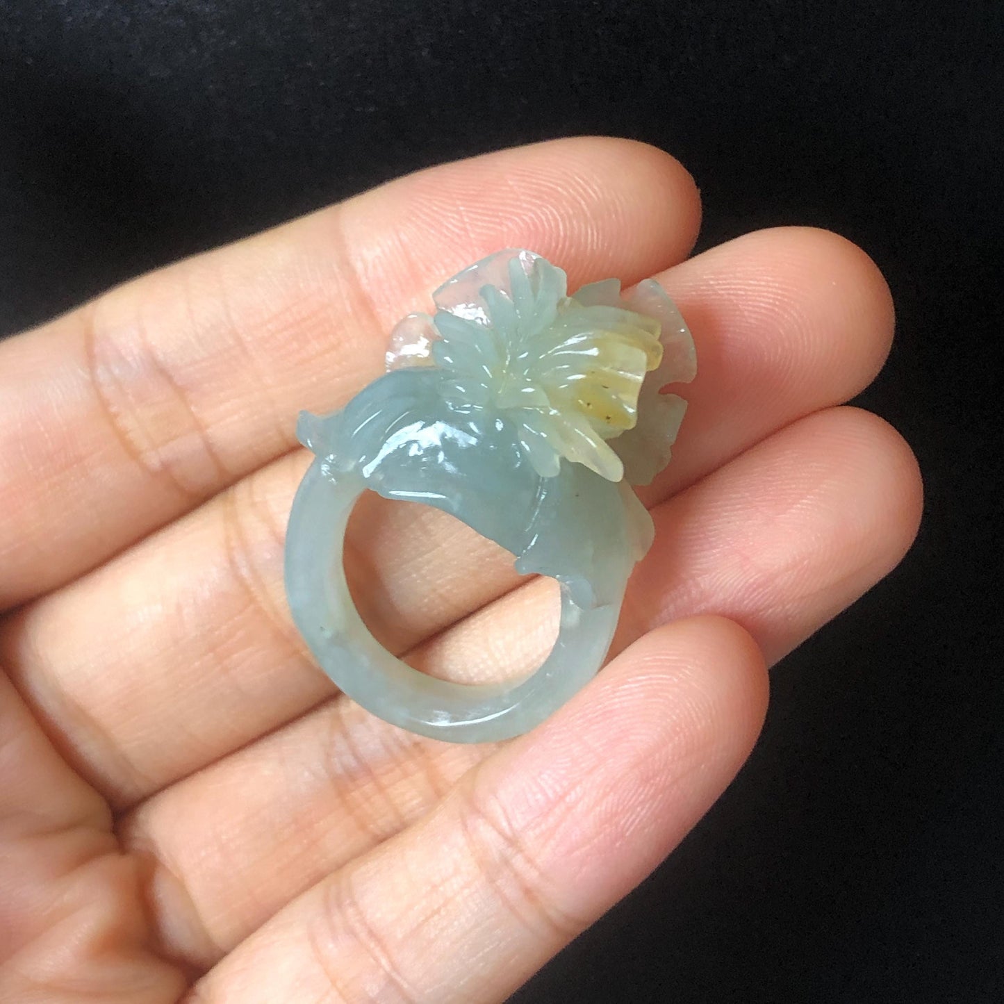 Natural Xiu Jade (Serpentine) Hand Craved Iris Flower Blooming Ring | 17.5mm (US 7.5) | Blue and Yellow | Crystal Stone Gemstone Ring