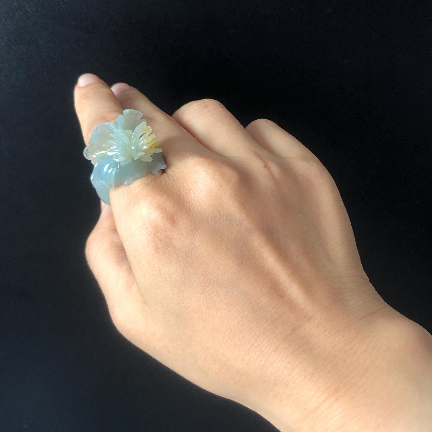 Natural Xiu Jade (Serpentine) Hand Craved Iris Flower Blooming Ring | 17.5mm (US 7.5) | Blue and Yellow | Crystal Stone Gemstone Ring