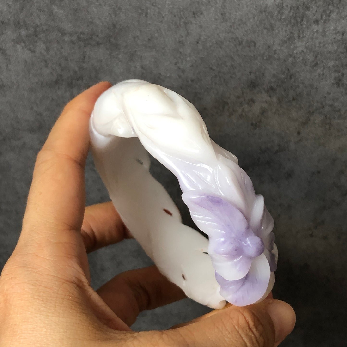 59.8mm Custom Size Natural SheTaiCui Jade (Quartzite) Hand Carved Red Nine-tailed Fox flower Bangle | Purple and White| Crystal Gemstone