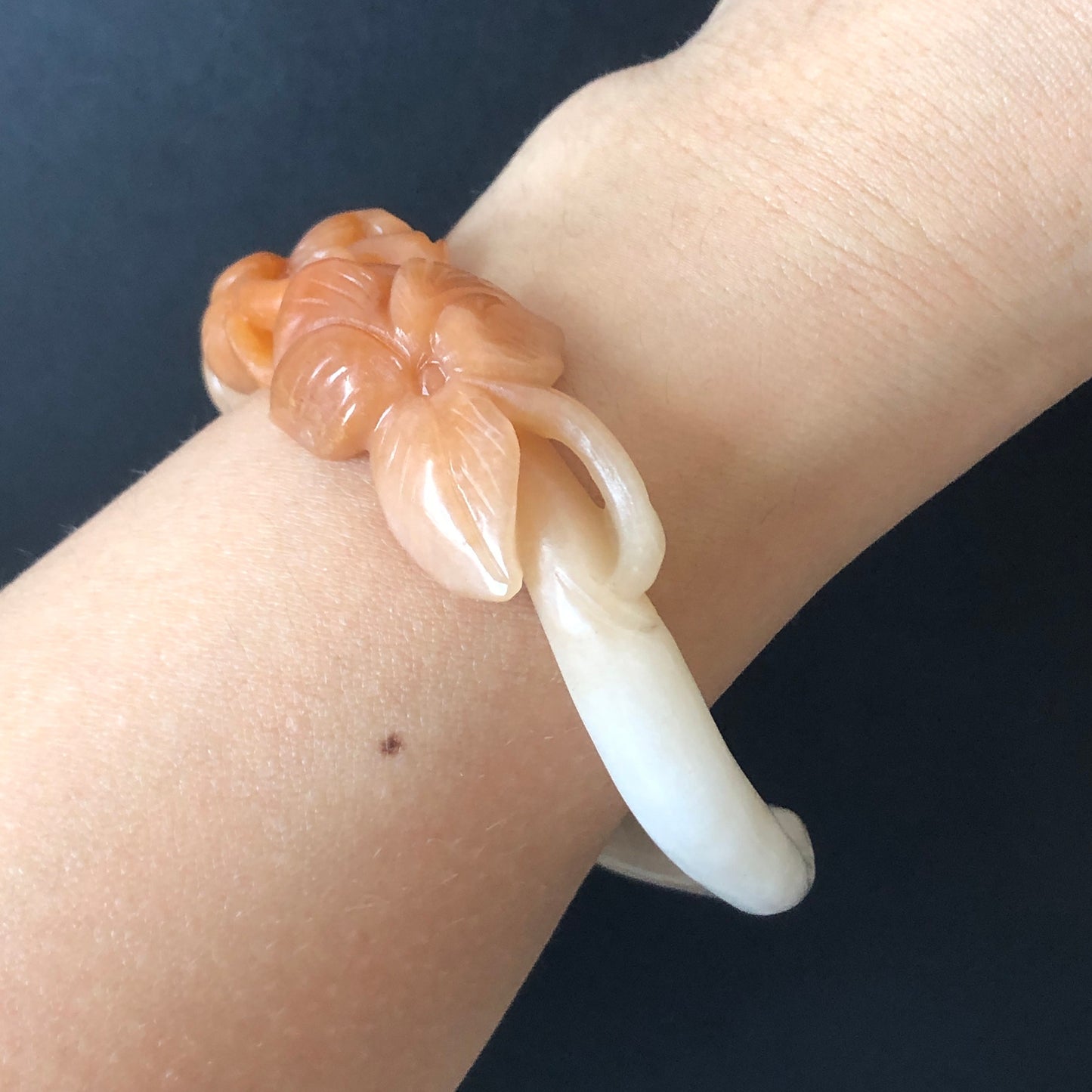 56.4mm Custom Size Natural Quartzite (SheTaiCui jade) Hand Carved Flowers Bangle | Milky Coral Sands | Hollow Out | Crystal Gemstone Stone