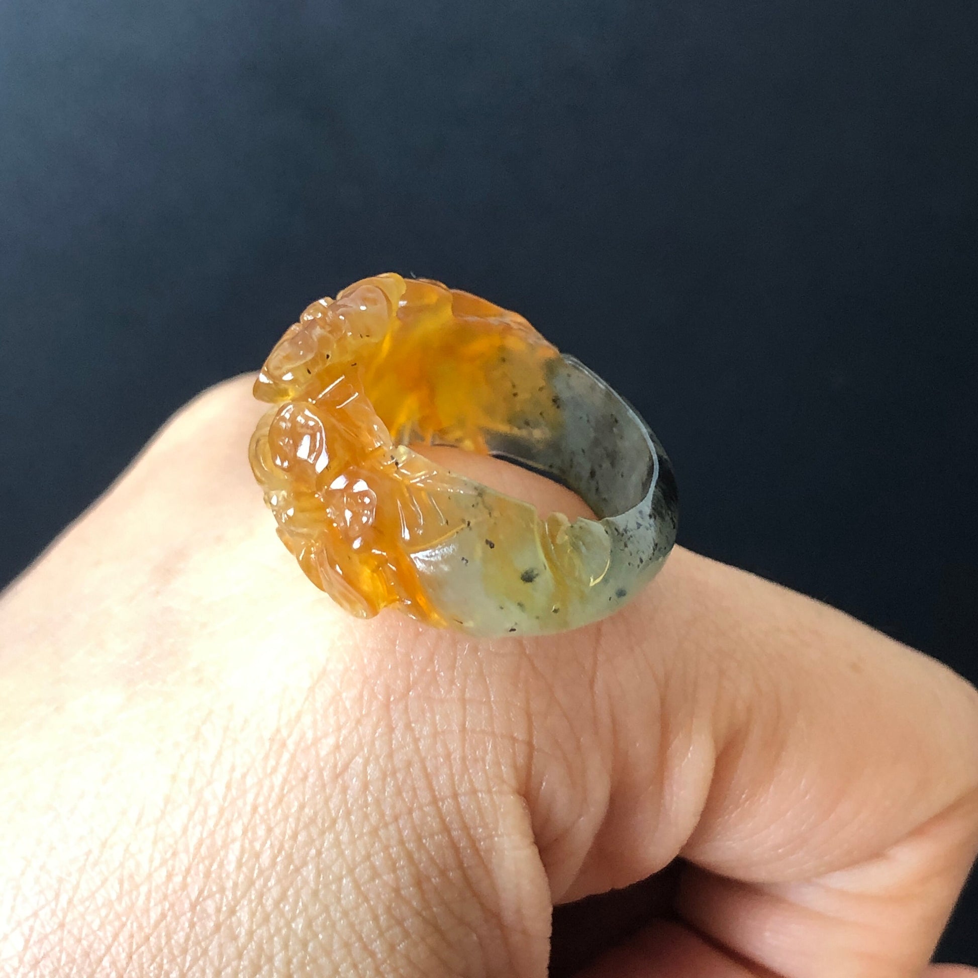 Natural Xiu Jade Serpentine Hand Carved Flower Blooming Ring | 16.9mm (US 6.5-7) | Icy Yellow and Green | Crystal Stone Gemstone Ring