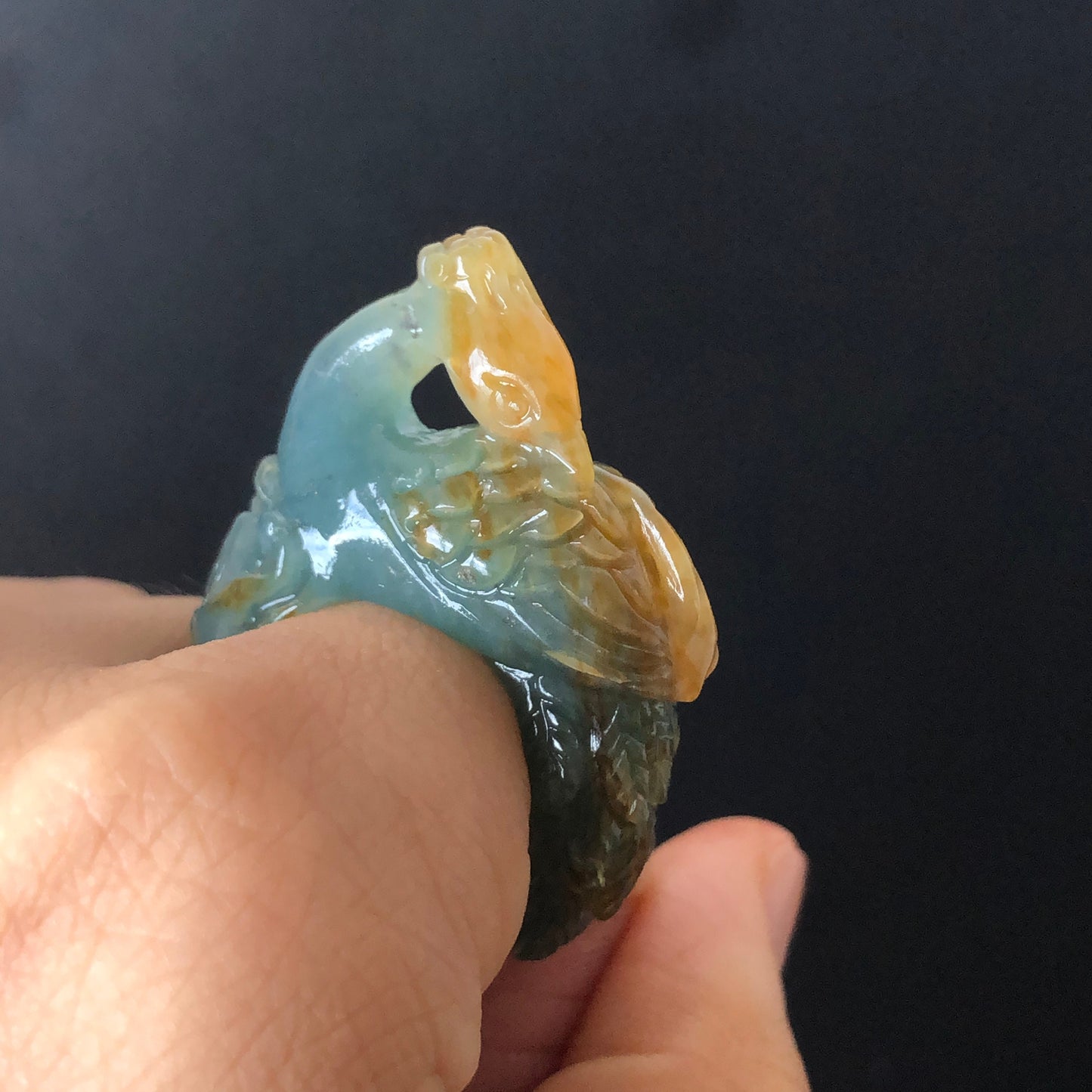 Natural Xiu Jade (Serpentine) Hand Carved 3D Peacock with Peony Ring | Green and Yellow | 17.2mm (US 6.5-7) | Gemstone Crystal Stone Ring