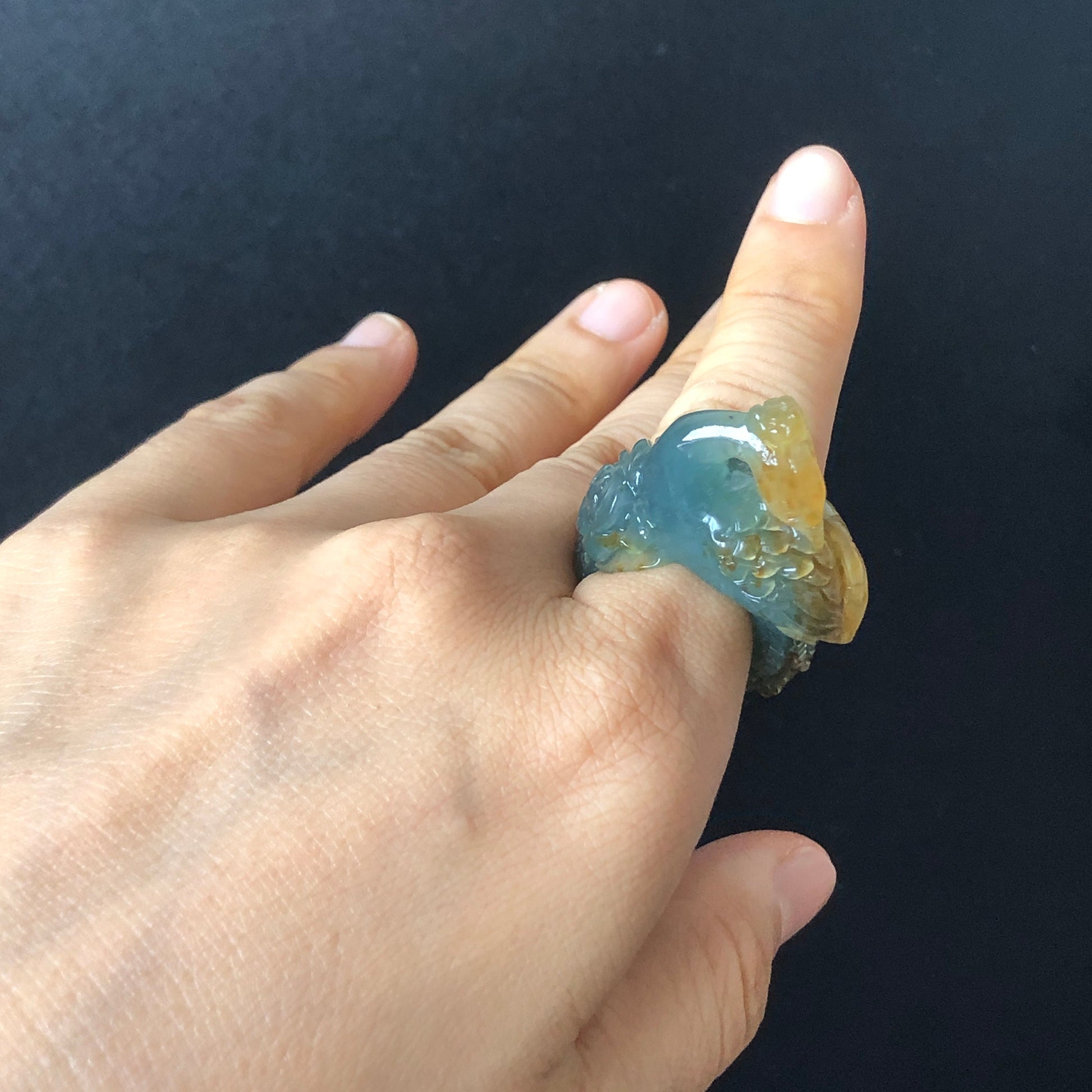 Natural Xiu Jade (Serpentine) Hand Carved 3D Peacock with Peony Ring | Green and Yellow | 17.2mm (US 6.5-7) | Gemstone Crystal Stone Ring