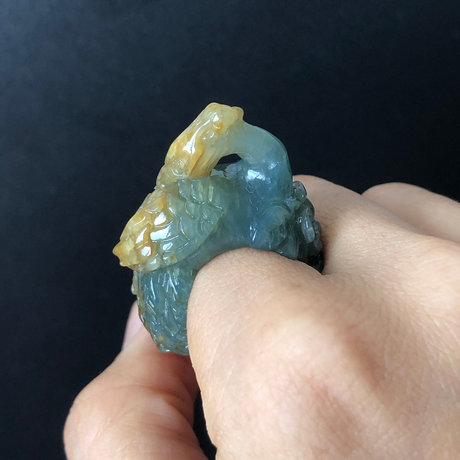 Natural Xiu Jade (Serpentine) Hand Carved 3D Peacock with Peony Ring | Green and Yellow | 17.2mm (US 6.5-7) | Gemstone Crystal Stone Ring