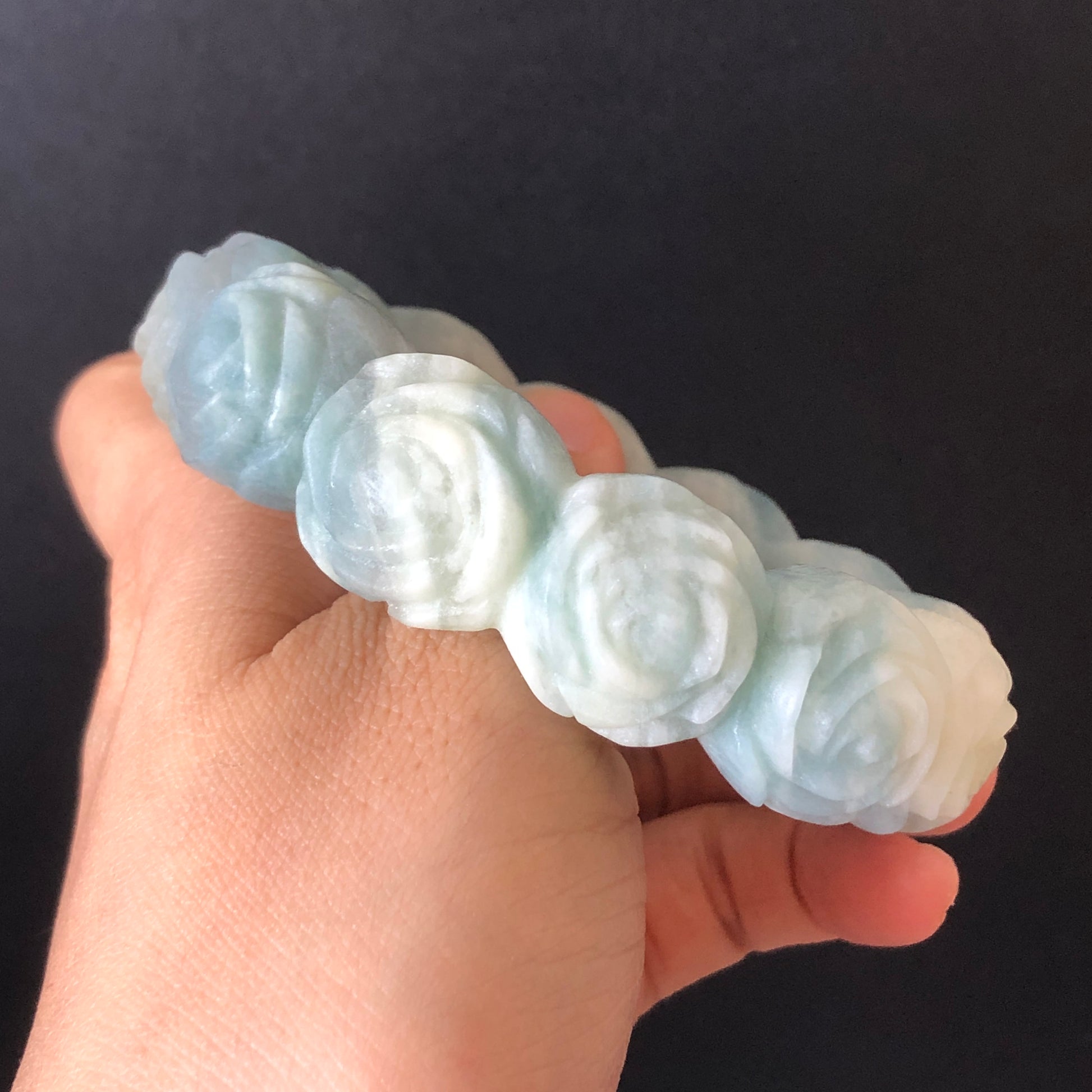 56.1 Natural SheTaicui jade (Quartzite) Carved Rose Bangle Bracelet| Milky Blue and White | Blue Sky and Cloud | Crystal Gemstone Jewellery