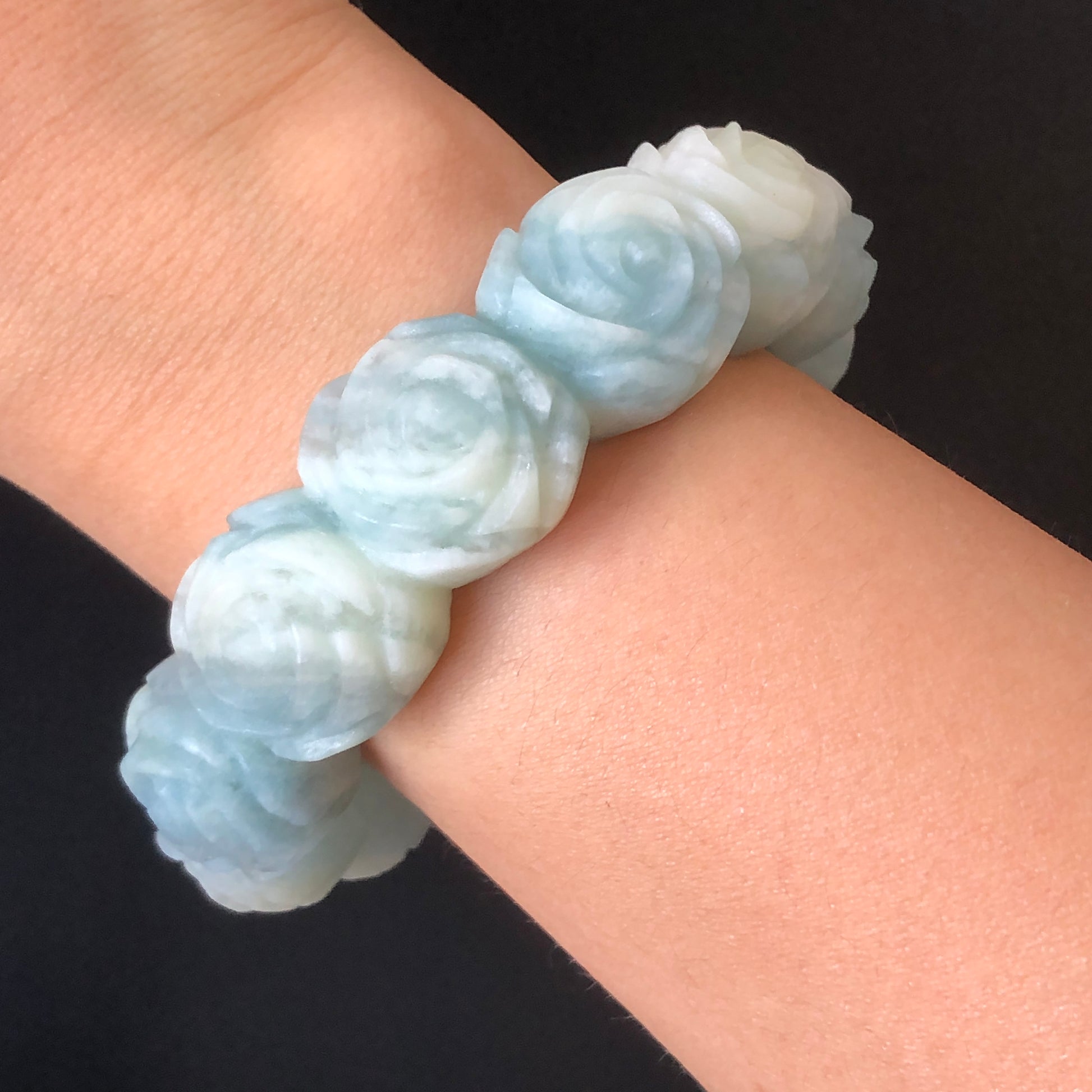 56.1 Natural SheTaicui jade (Quartzite) Carved Rose Bangle Bracelet| Milky Blue and White | Blue Sky and Cloud | Crystal Gemstone Jewellery