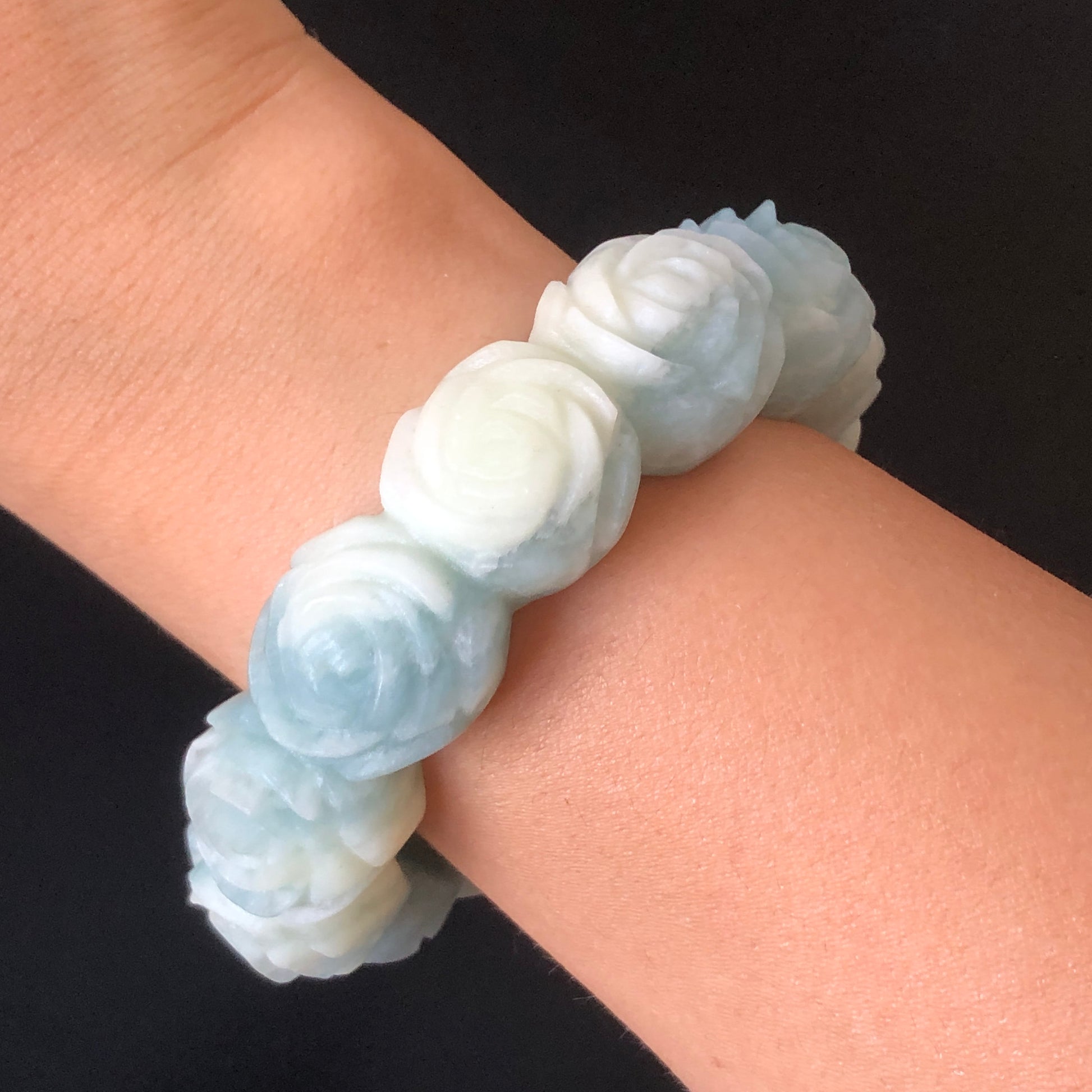 56.1 Natural SheTaicui jade (Quartzite) Carved Rose Bangle Bracelet| Milky Blue and White | Blue Sky and Cloud | Crystal Gemstone Jewellery