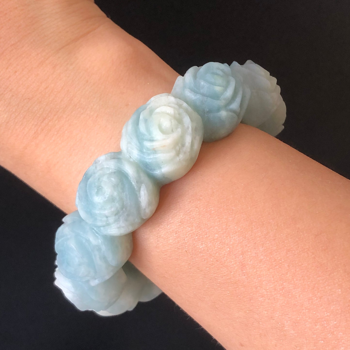 56.1 Natural SheTaicui jade (Quartzite) Carved Rose Bangle Bracelet| Milky Blue and White | Blue Sky and Cloud | Crystal Gemstone Jewellery