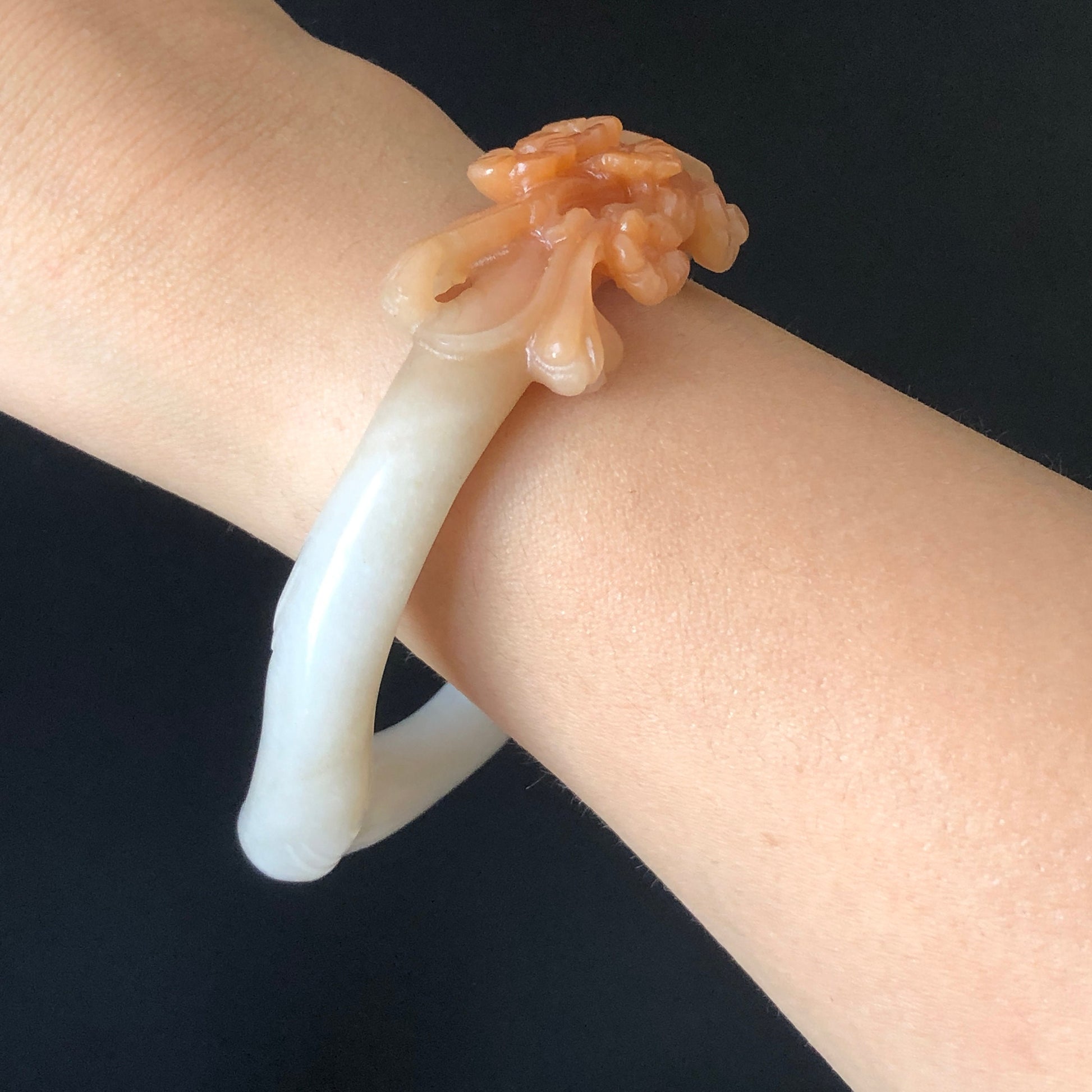 60.3 mm Custom Size Natural SheTaiCui Jade (Quartzite) Hand Carved Flowers Bangle | Milky Coral Sands | Tailor made Crystal Stone Gemstone