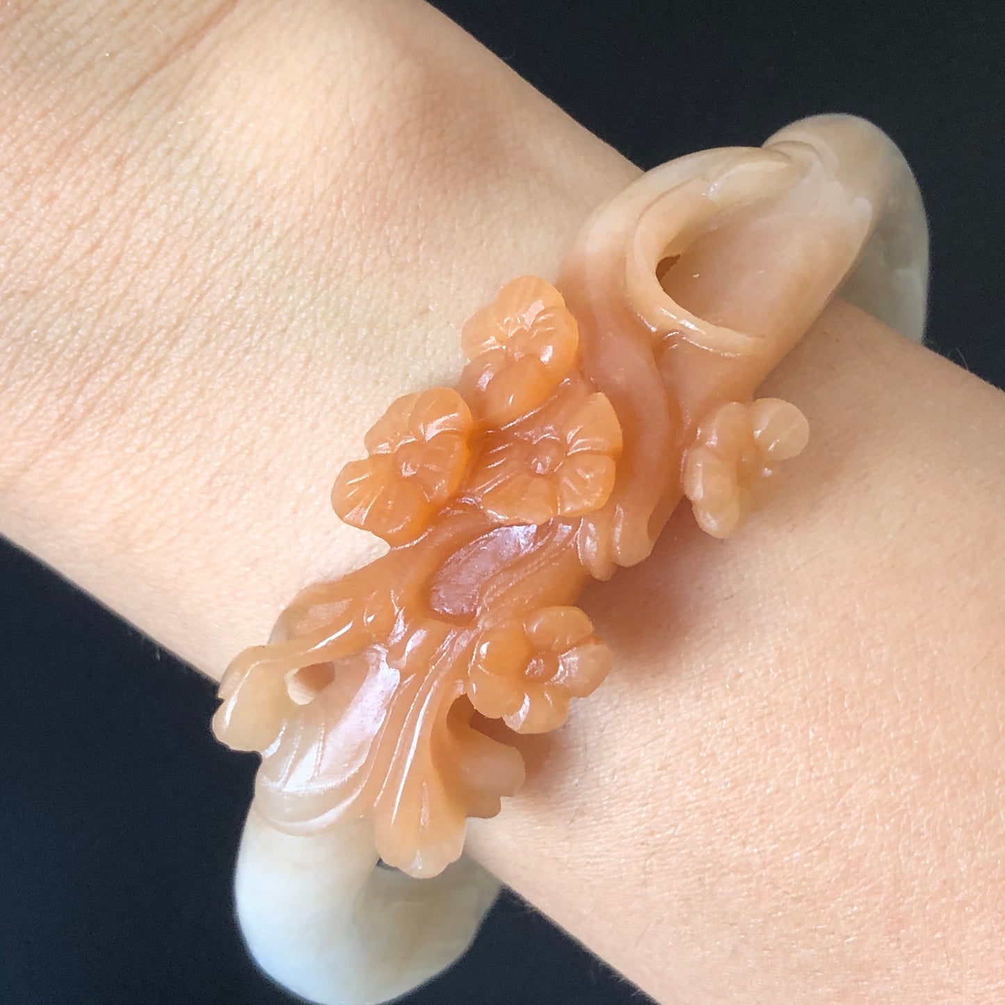 60.3 mm Custom Size Natural SheTaiCui Jade (Quartzite) Hand Carved Flowers Bangle | Milky Coral Sands | Tailor made Crystal Stone Gemstone