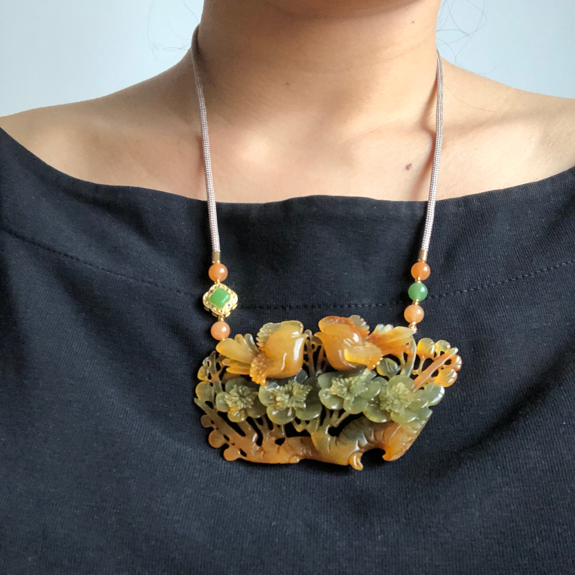 Certificate Natural Xiu Jade (Serpentine) Hand Carved Magpie Birds and Flower Pendant Adjustable Necklace | Yellow Green | Good Luck Charm