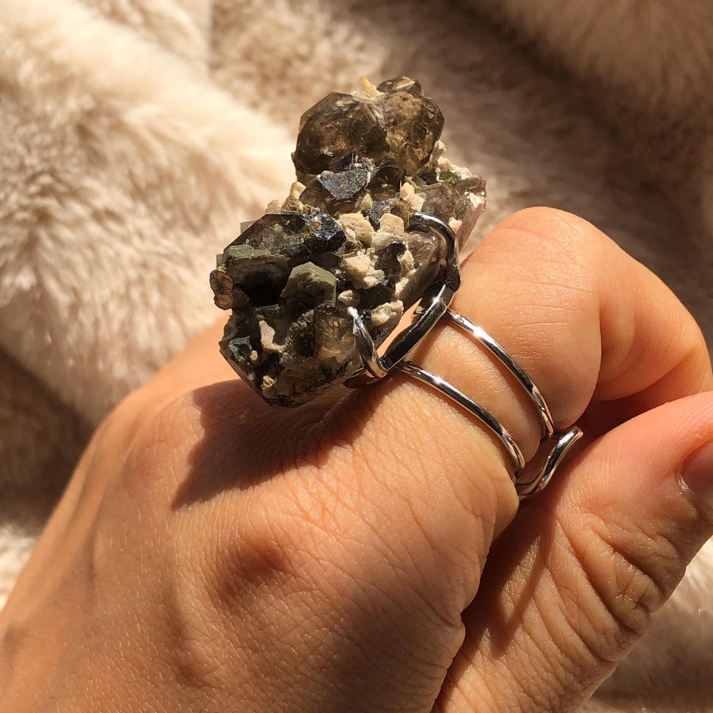 Smoky Quartz Feldspar Ring, silver-plated copper ring, Icy Grey Stone, Adjustable Statement Band Ring, Root Chakras, June Birthstone, Capricorn Sign, chunky raw crystal ring, irregular ring for men and women,  raw mineral ring, birthstone ring