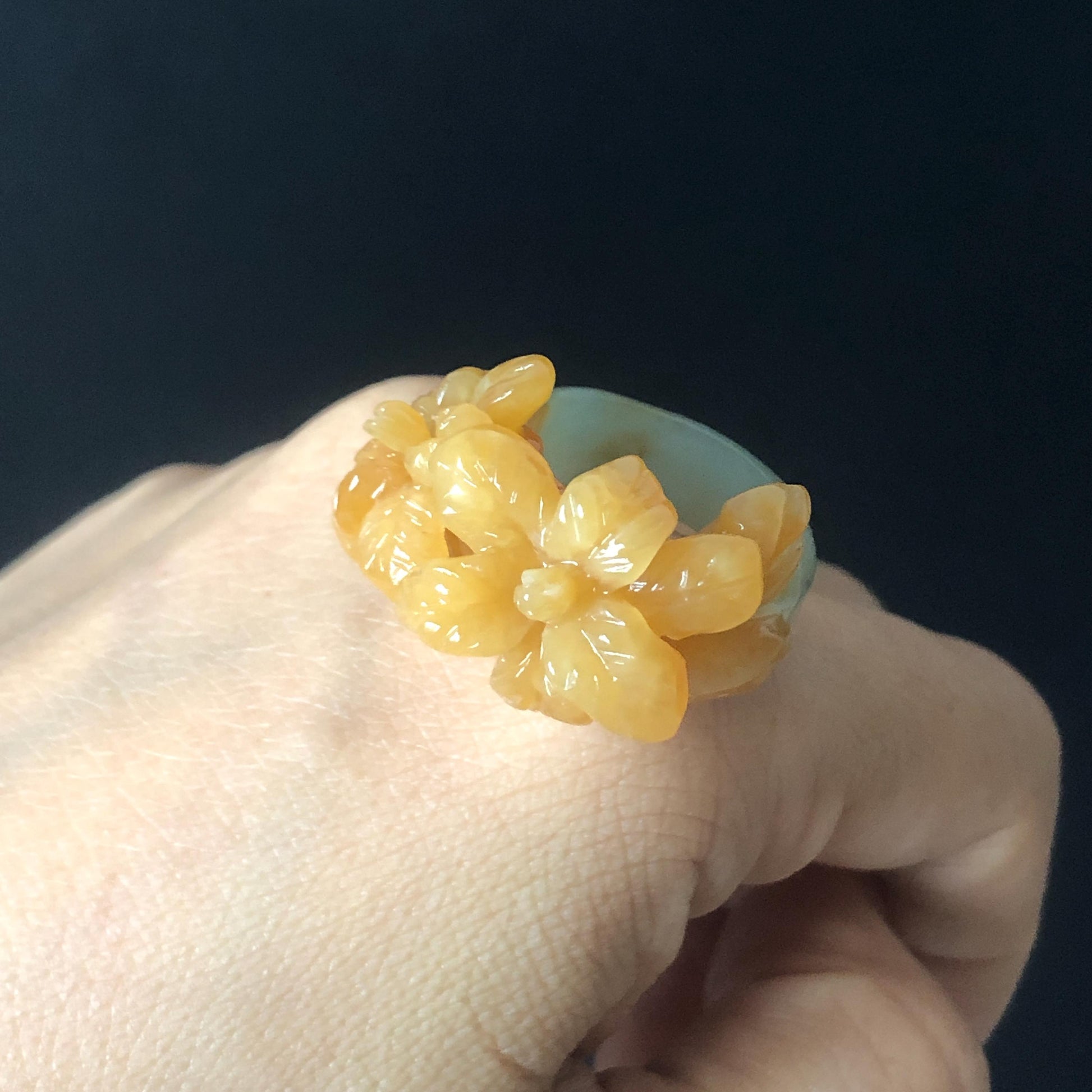 Natural Xiu Jade Serpentine Hand Craved Iris Flower Blooming Ring | 16.1mm (US 5.5-6) | Greenish Blue & Yellow | Crystal Stone Gemstone Ring