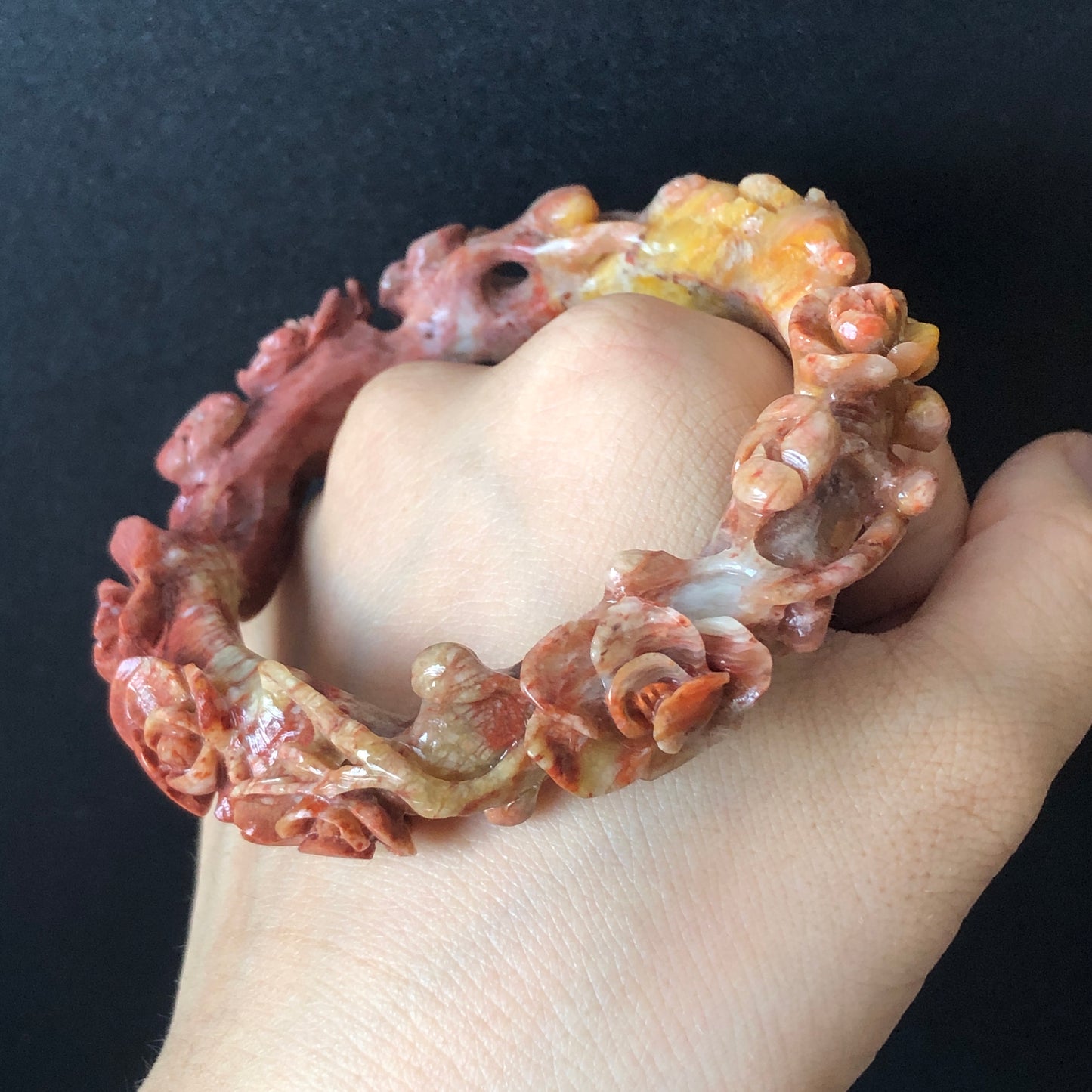 56.4mm Natural Xiu Jade (Serpentine) Hand Carved Deer Peach Blossom Bangle | Red & Yellow | Crystal Stone Gemstone Bracelet | Cute and Sweet