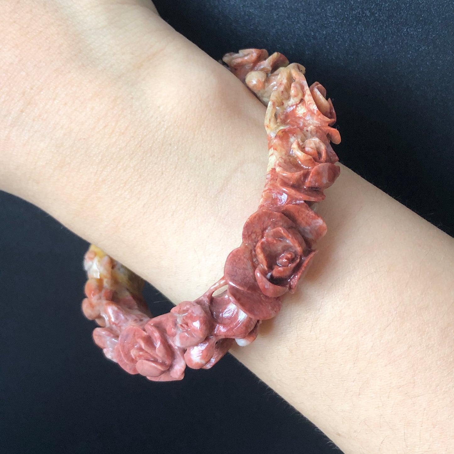 56.4mm Natural Xiu Jade (Serpentine) Hand Carved Deer Peach Blossom Bangle | Red & Yellow | Crystal Stone Gemstone Bracelet | Cute and Sweet