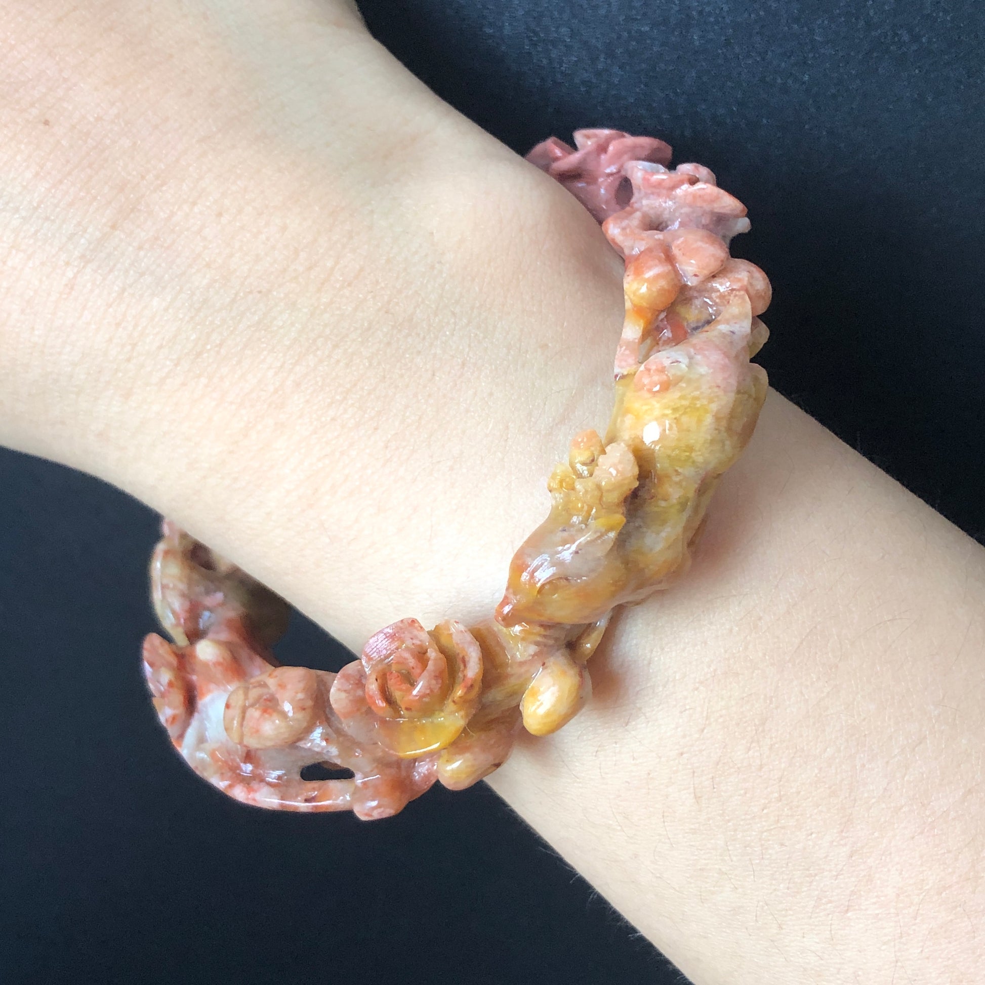 56.4mm Natural Xiu Jade (Serpentine) Hand Carved Deer Peach Blossom Bangle | Red & Yellow | Crystal Stone Gemstone Bracelet | Cute and Sweet